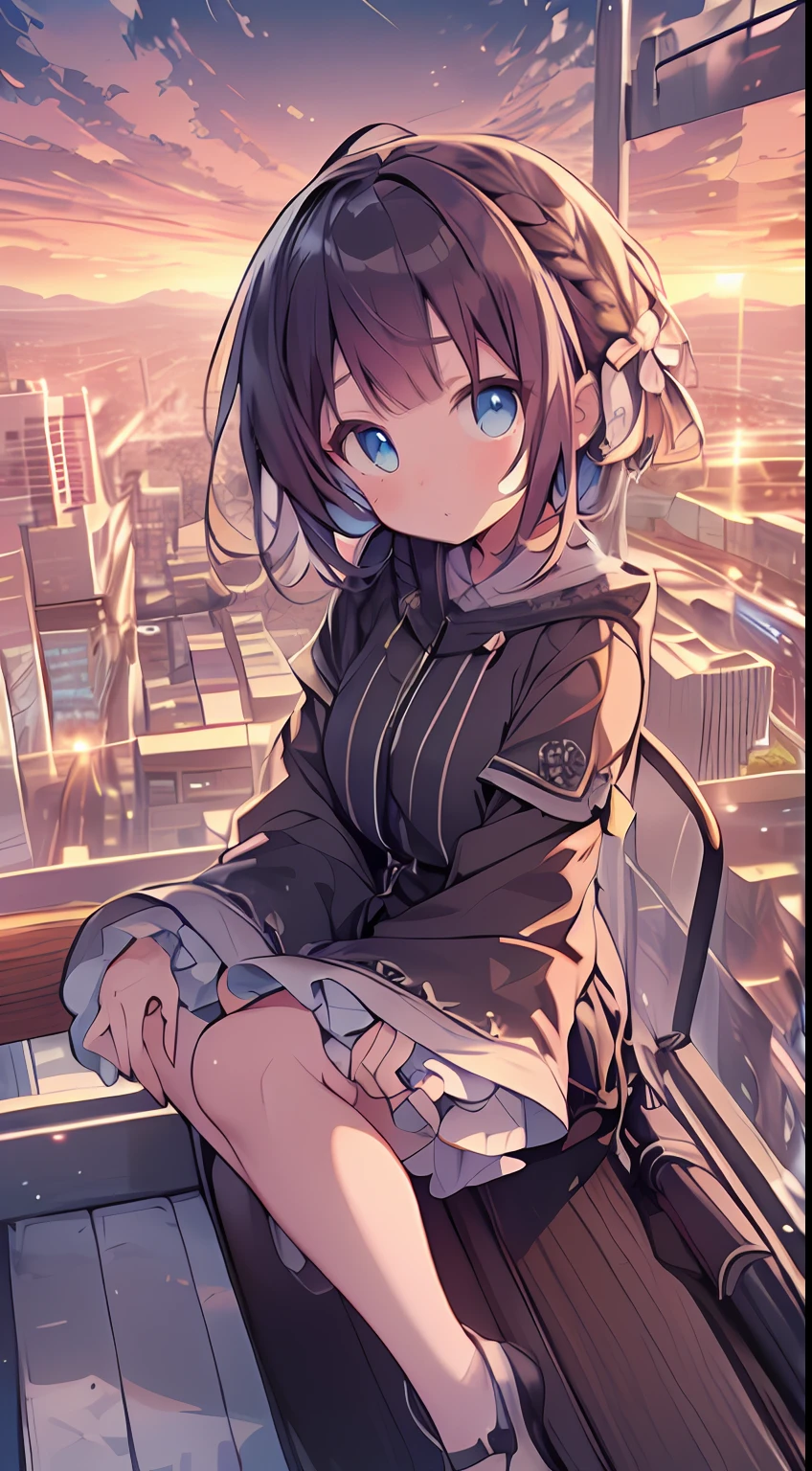 masutepiece, Best Quality,Illustration, Wallpaper, Ultra Detail, absurderes, 1loli, Solo, (Medium short hair、short braided hair), Beautiful detailed eyes , (Street), luminous sky,(a panoramic view:1.3),(Sense of depth:1.5)