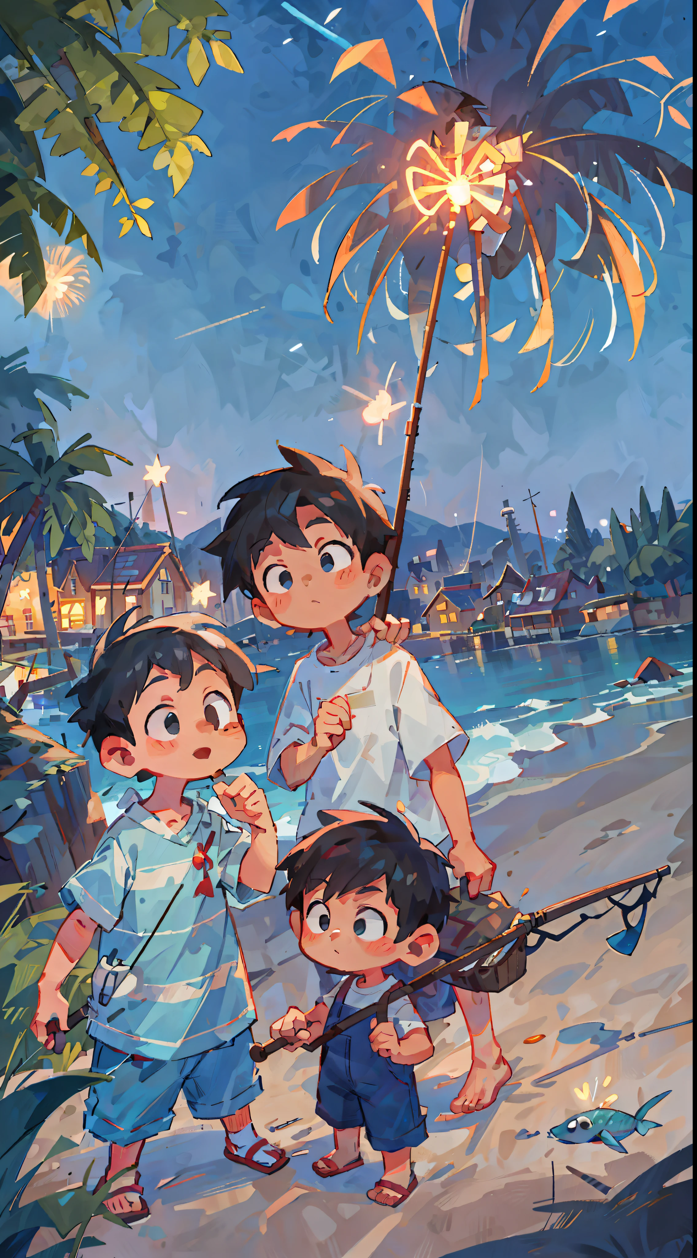 Seaside town, beach, night, summer, fireworks, little boys, fishing