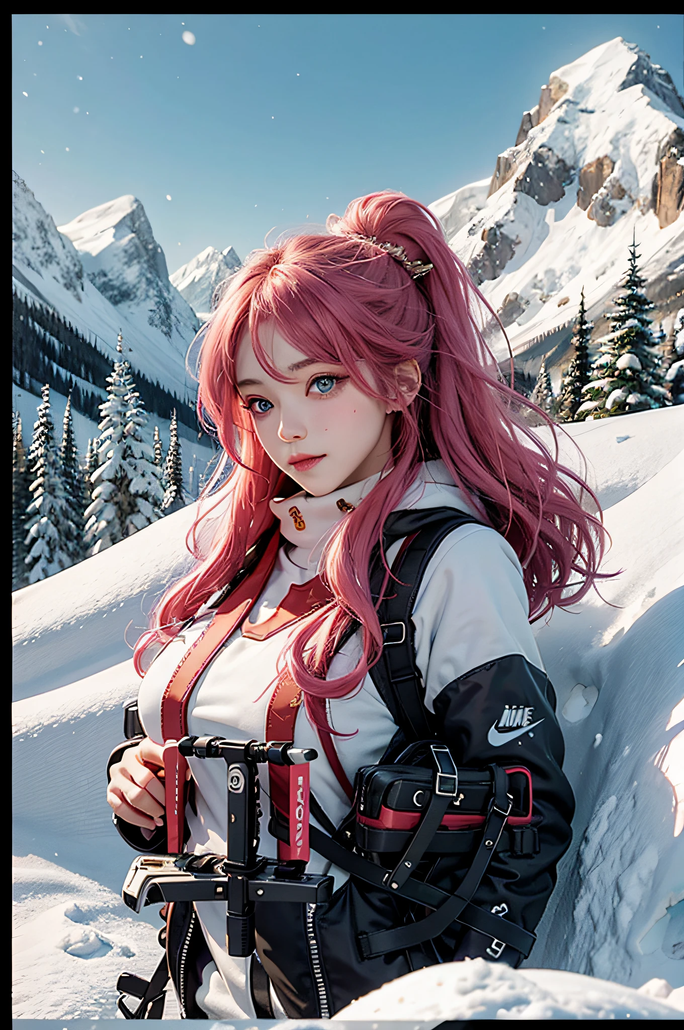 big boobs,being thin,(frontage:1.0)(back|Snow buttocks:0.1)(glute:0.1)(Starbucks coffee cups:0.4)(Clothes with Nike trademark:1.6)(SONY DSLR camera:0.5)The photo has a white border(black panther,lion:0.5)Snowsuit,Down,Loose top,snow landscape,Fir,snow mountains、Snowboarding,Snow poles,Snow goggles、Heavy boots、shorts、(Bunny butt:0.4),blush、(Sports coat,Beanie:0.4)Sunset,(Aqua blue eyes)(collofull eyes),Long eyelashes,(Cute marks on the face:0.5)(ssmile:0.5)(Blush:0.7 ),(Short:0.8),(Black and brown hair:0.5)(White and pink hair:0.6),(Striped hair:0.5),(High ponytail:0.3),Shiny hair(Double bun:0.1,Moon hairpins、Lace、Frills(Head tilt:0.7)(Chest photo: 0.5), ((Delicate facial features、detail)、Bright pink lips、ssmile、blush、A slightly pointed sunset: 0.5 ))、absurd、excessively、masterpiece、faeries、(The clothes are smooth and white and transparent)、Old brick floor、Old bell tower、Timber construction