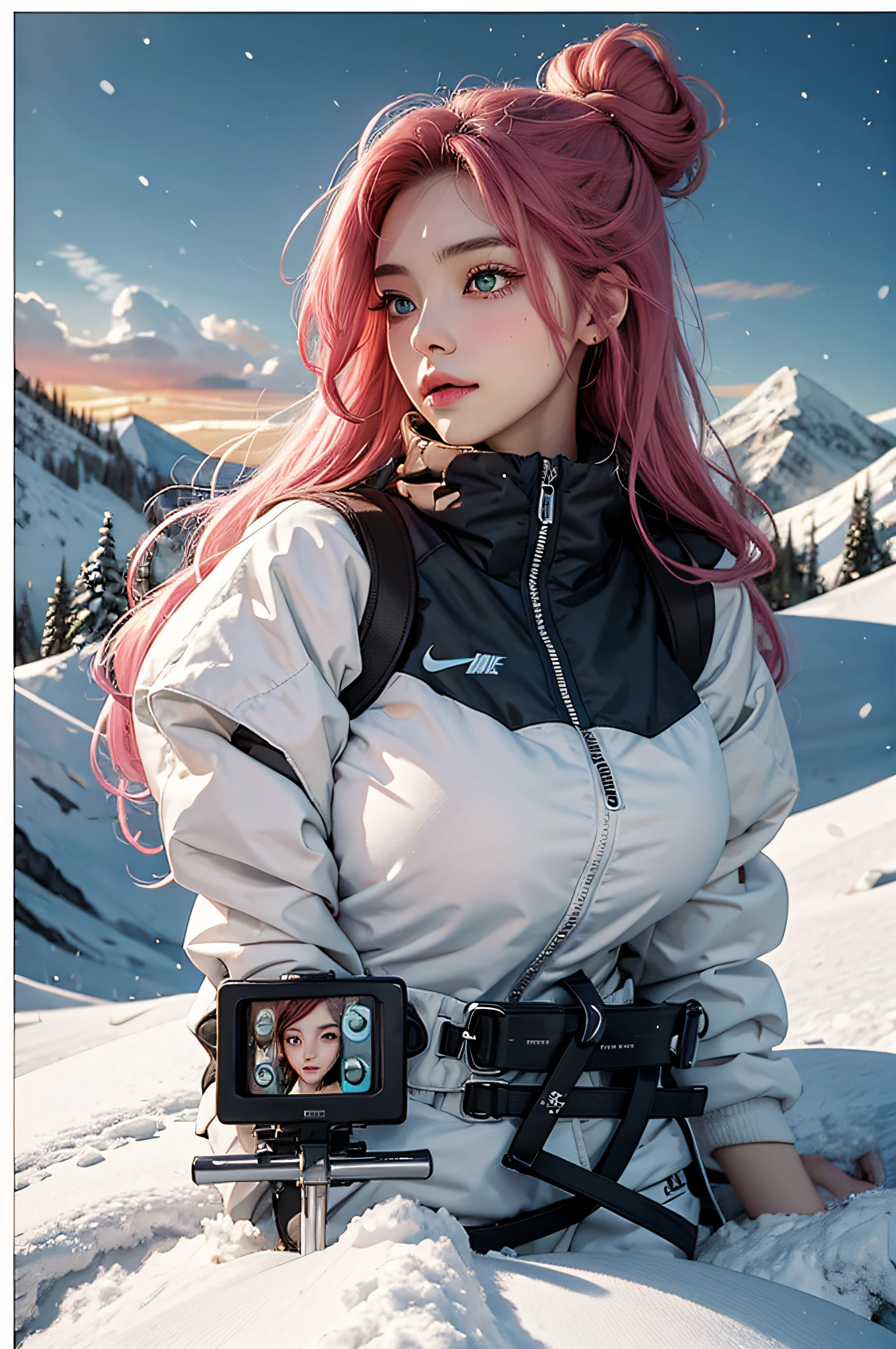 big boobs，being thin,(frontage:1.0)(back|Snow buttocks:0.1)(glute:0.1)(Starbucks coffee cups:0.4)（Clothes with Nike trademark：1.6）(SONY DSLR camera:0.5)The photo has a white border(black panther，lion:0.5)Snowsuit，Down，Loose top，snow landscape，Fir，snow mountains、Snowboarding，Snow poles，Snow goggles、Heavy boots、shorts、(Bunny butt:0.4)，blush、(Sports coat,Beanie:0.4)Sunset，(Aqua blue eyes)(collofull eyes)，Long eyelashes，（Cute marks on the face：0.5）（ssmile：0.5）（Blush：0.7 ）,(Short:0.8),(Black and brown hair:0.5)(White and pink hair:0.6),(Striped hair:0.5),(High ponytail:0.3),Shiny hair（Double bun：0.1,Moon hairpins、Lace、Frills(Head tilt：0.7)(Chest photo: 0.5), ((Delicate facial features、detail)、Bright pink lips、ssmile、blush、A slightly pointed sunset: 0.5 ))、absurd、excessively、​masterpiece、faeries、（The clothes are smooth and white and transparent）、Old brick floor、Old bell tower、Timber construction