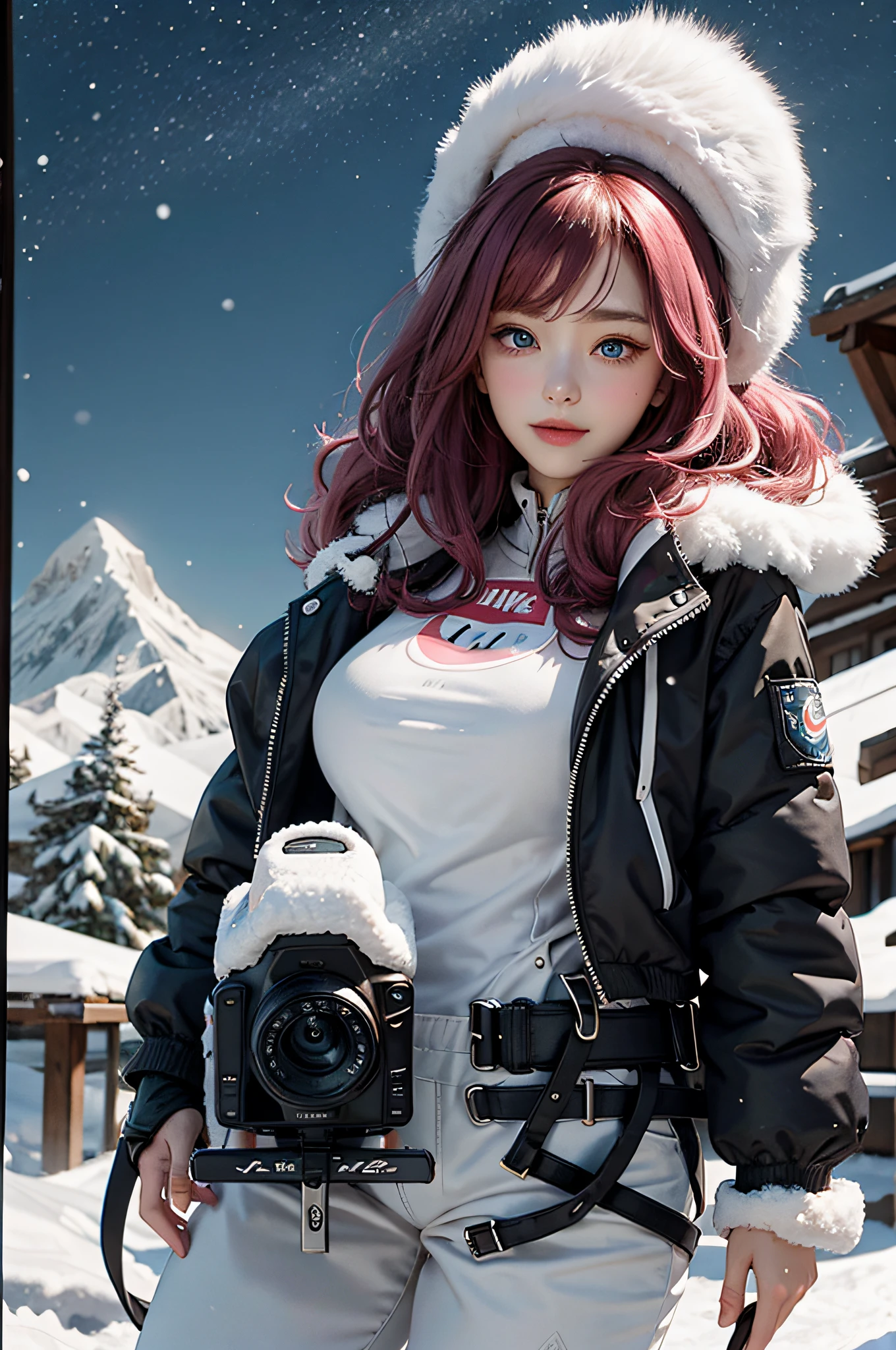 big boobs,being thin,(frontage:1.0)(back|Snow buttocks:0.1)(glute:0.1)(Starbucks coffee cups:0.4)(Clothes with Nike trademark:1.6)(SONY DSLR camera:0.5)The photo has a white border(black panther,lion:0.5)Snowsuit,Down,Loose top,snow landscape,Fir,snow mountains、Snowboarding,Snow poles,Snow goggles、Heavy boots、shorts、(Bunny butt:0.4),blush、(Sports coat,Beanie:0.4)Sunset,(Aqua blue eyes)(collofull eyes),Long eyelashes,(Cute marks on the face:0.5)(ssmile:0.5)(Blush:0.7 ),(Short:0.8),(Black and brown hair:0.5)(White and pink hair:0.6),(Striped hair:0.5),(High ponytail:0.3),Shiny hair(Double bun:0.1,Moon hairpins、Lace、Frills(Head tilt:0.7)(Chest photo: 0.5), ((Delicate facial features、detail)、Bright pink lips、ssmile、blush、A slightly pointed sunset: 0.5 ))、absurd、excessively、masterpiece、faeries、(The clothes are smooth and white and transparent)、Old brick floor、Old bell tower、Timber construction