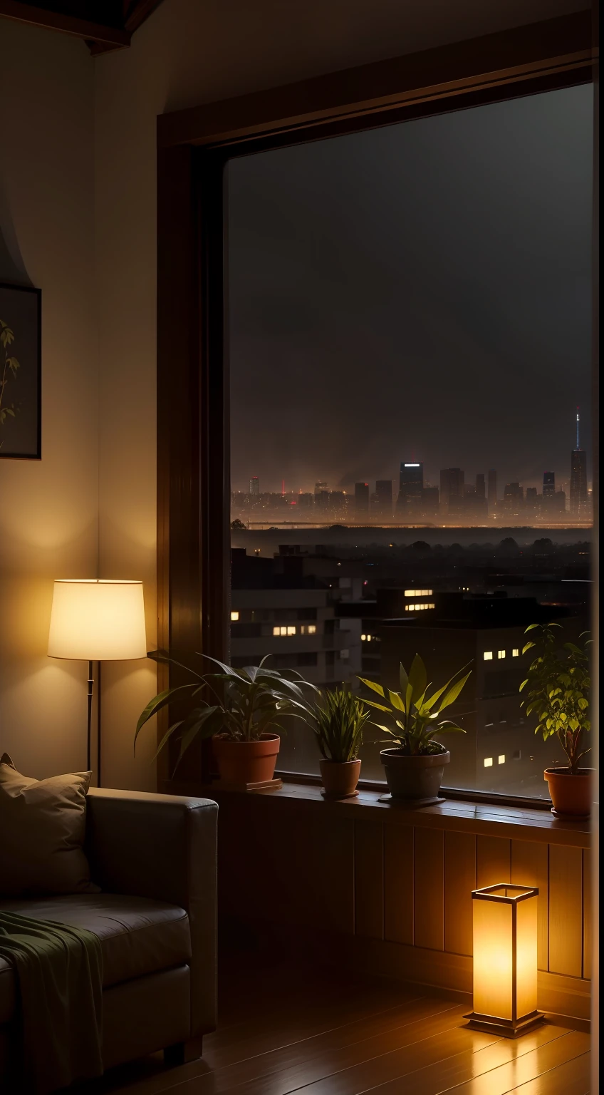 Dim medieval modern living room,There were dark and rainy nights outside,Outside the window are the high-rise buildings between the cities that are brightly lit,(Rain and fog nights:1.2),Pacific Northwest,(dim murky lights:1.4),(dim murky lights:1.2),a plant,Large plants,rained,Tortoise back bamboo,Many plants,(Fog windows:1.2),tmasterpiece,Better quality,eventide,(natta:1.4), Rainy afternoon,After sunset