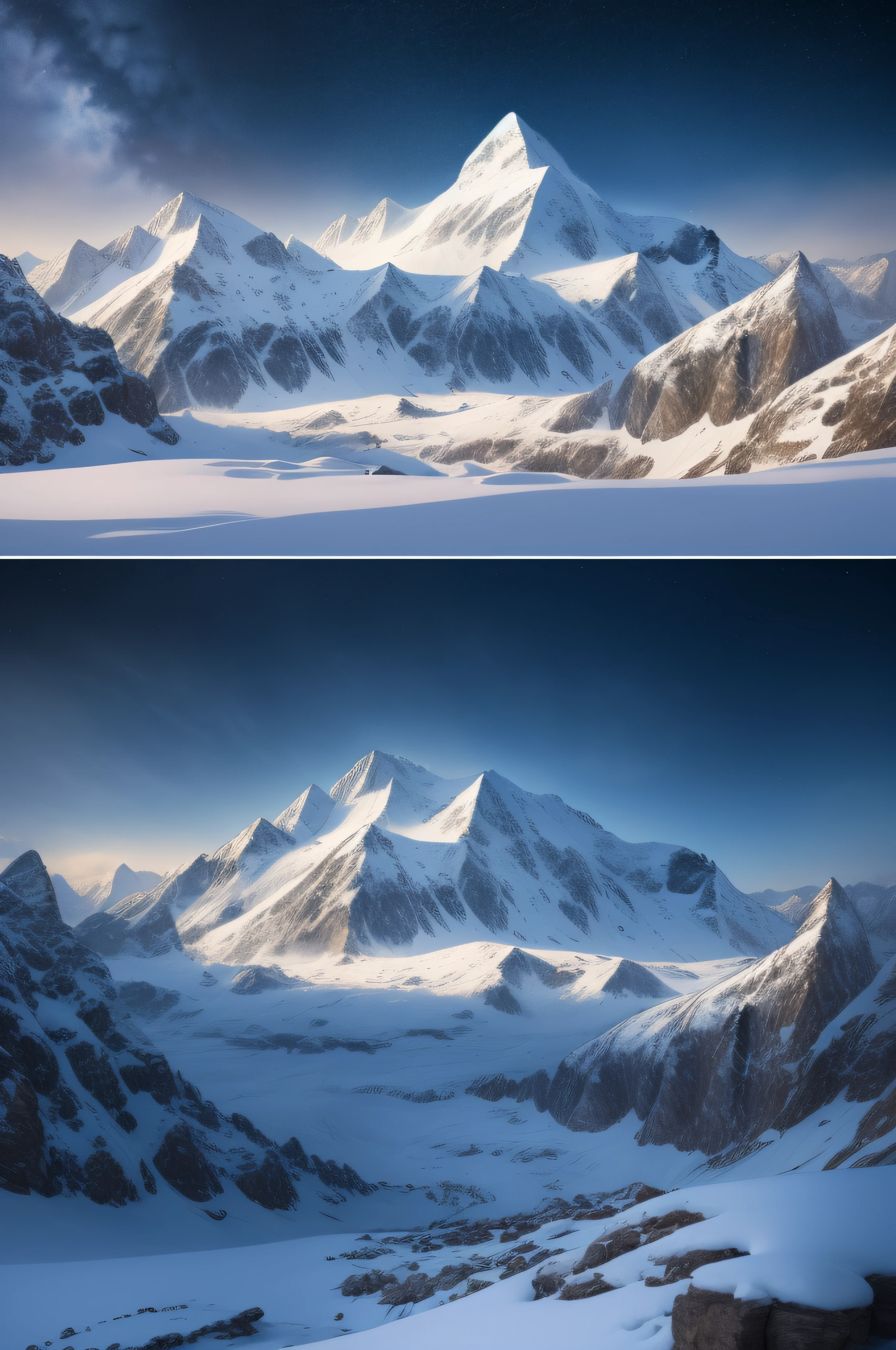 (masterpiece, highest quality), (realistic, photo_realistic:1.9), ((Photoshoot)) Generate a hyper-realistic photograph featuring a snowy mountain landscape in the style of the Alps, illuminated by the gentle glow of starlight. The image showcases several rocky, snow-covered peaks, partially revealing the rock underneath. A vast and starry night sky arches above, casting a serene radiance over the scene. The perspective captures the entire mountain range and the expanse of the starlit sky. The photograph is taken using a DSLR camera, providing exceptional clarity. The chosen style of film processing adds a cool and crisp feeling, enhancing the wintry ambiance. sharp focus, 8k, UHD, high quality, frowning, intricate detailed, highly detailed, hyper-realistic
