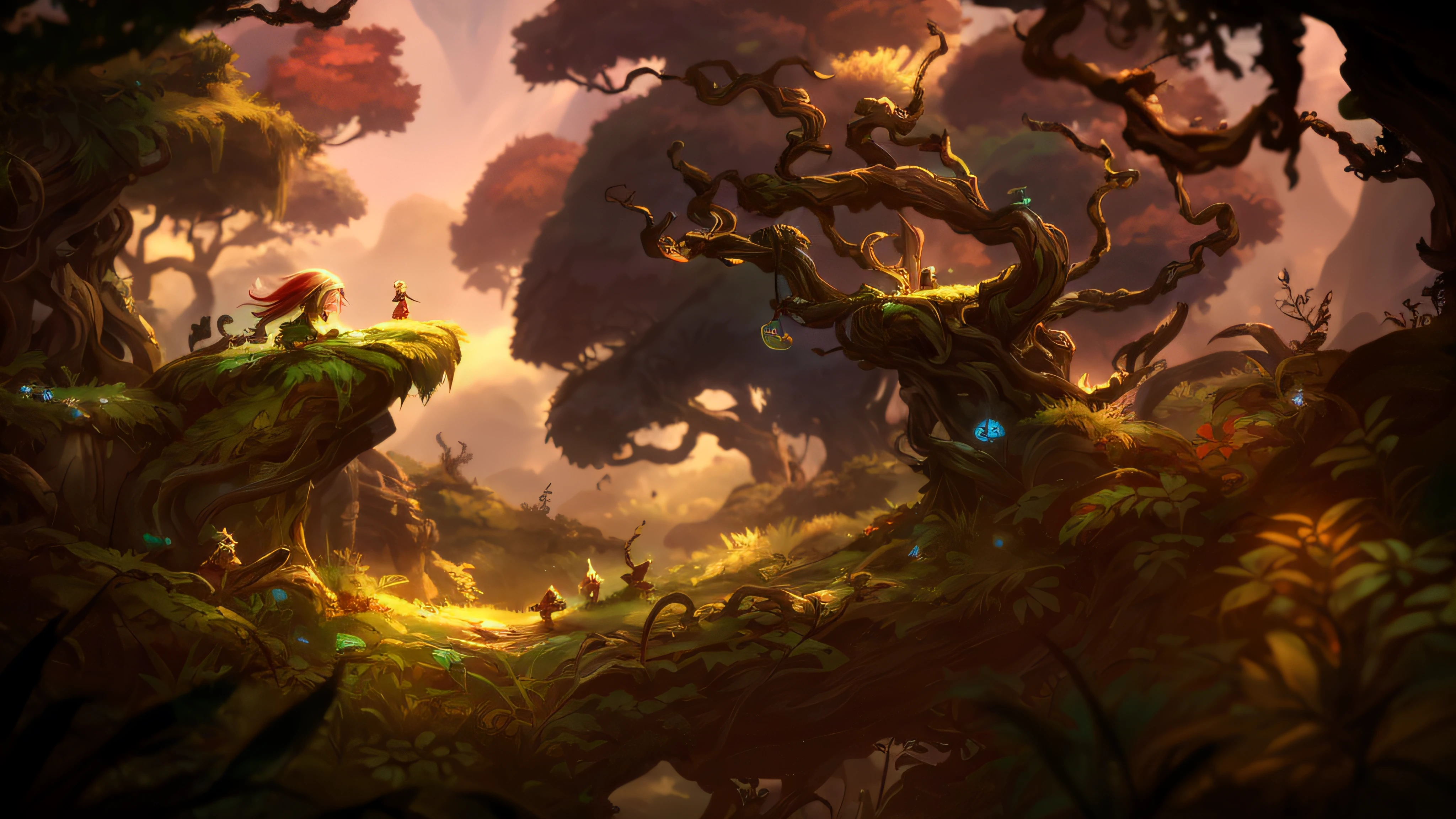 Spectacular branches and mysterious elves in the forest，The key art of the game with a gorgeous feeling，Super detailed 8K HD wallpaper。