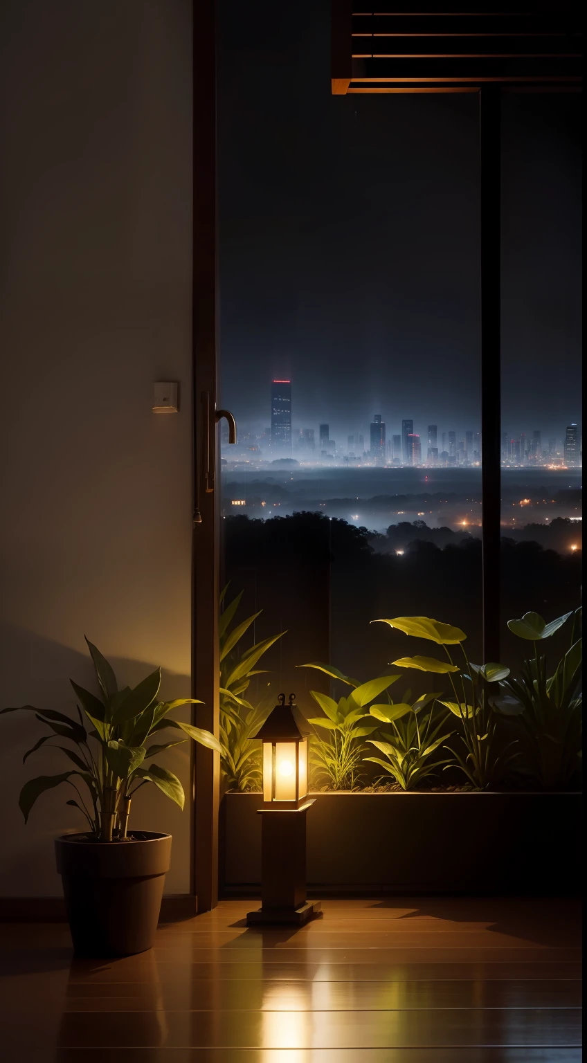 Dim medieval modern living room,There were dark and rainy nights outside,Outside the window are the high-rise buildings between the cities that are brightly lit,(Rain and fog nights:1.2),Pacific Northwest,(dim murky lights:1.4),(dim murky lights:1.2),a plant,Large plants,rained,Tortoise back bamboo,Many plants,(Fog windows:1.2),tmasterpiece,Better quality,eventide,(natta:1.4), Rainy afternoon,After sunset