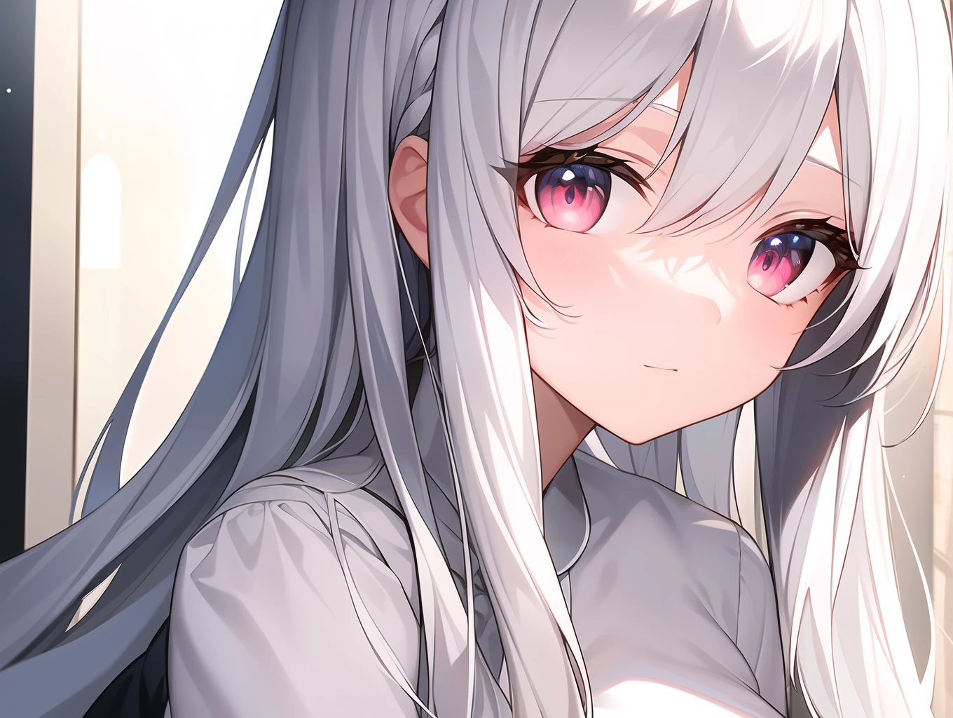 ((Masterpiece, Best quality))++, Detailed light+, Detail hair+, detail hand+ ,1girll, woman, Long hair, Crimson eyes, Beautiful eyes, Young gray hair,,(Beautiful white hair:1.5),(Beautiful detailed eyes), high resolution+, blacksilk , a black skirt, Glass tones, Reflective eyes, ((Halo)), {{Angle}} , extremelydetailedwallpaper, Original, ,