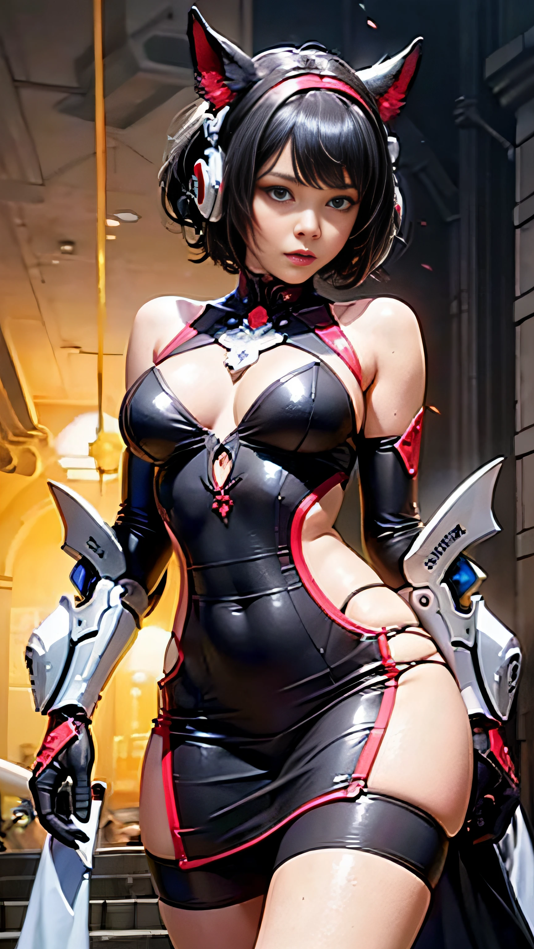 offcial art，统一 8k 壁纸，ultra - detailed，Beauty and aesthetics，tmasterpiece，best qualtiy，1girll，Black color hair，cropped shoulders，short  skirt，small thighs，nabel，The is very detailed，dynamic angle，flowy，（A half body：1.2），（Mecha：1.5），