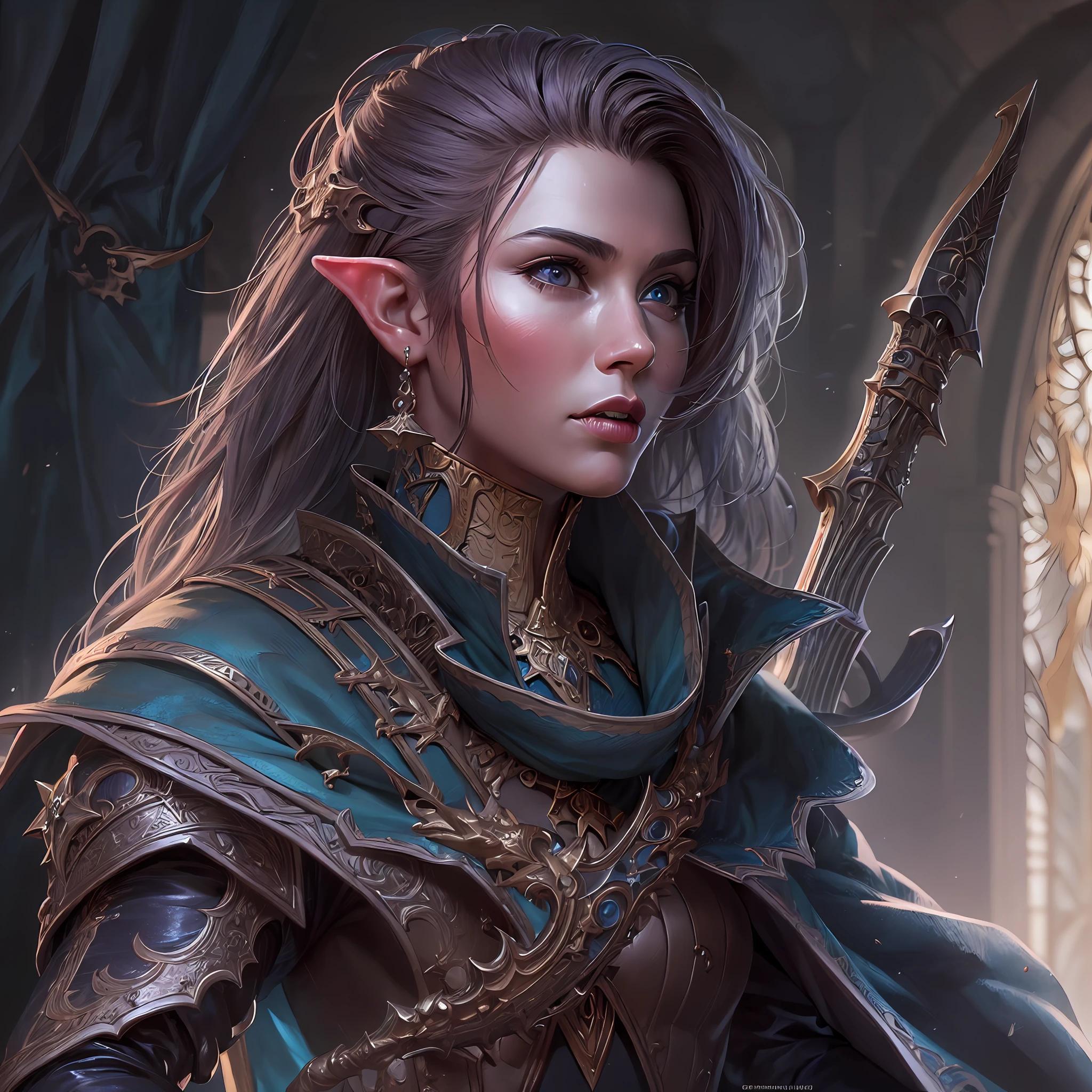 a picture of a female elf (intense details, Masterpiece, best quality: 1.5) fantasy swashbuckler, fantasy fencer, armed with a slim sword, shinning sword, metallic shine, colorful clothes, an ultra wide shot, full body (intense details, Masterpiece, best quality: 1.5)epic beautiful female elf (intense details, Masterpiece, best quality: 1.5), rich hair, braided hair, small pointed ears, fantasy urban street (intense details, Masterpiece, best quality: 1.5),  purple cloak  (intense details, Masterpiece, best quality: 1.5), long cloak (intense details, Masterpiece, best quality: 1.5), elven leather armor  (intense details, Masterpiece, best quality: 1.5) sense of daring, sense of adventure,  high details, best quality, 8k, [ultra detailed], masterpiece, best quality, (extremely detailed), dynamic angle, ultra wide shot, photorealistic, RAW, fantasy art, dnd art,fantasy art, realistic art,