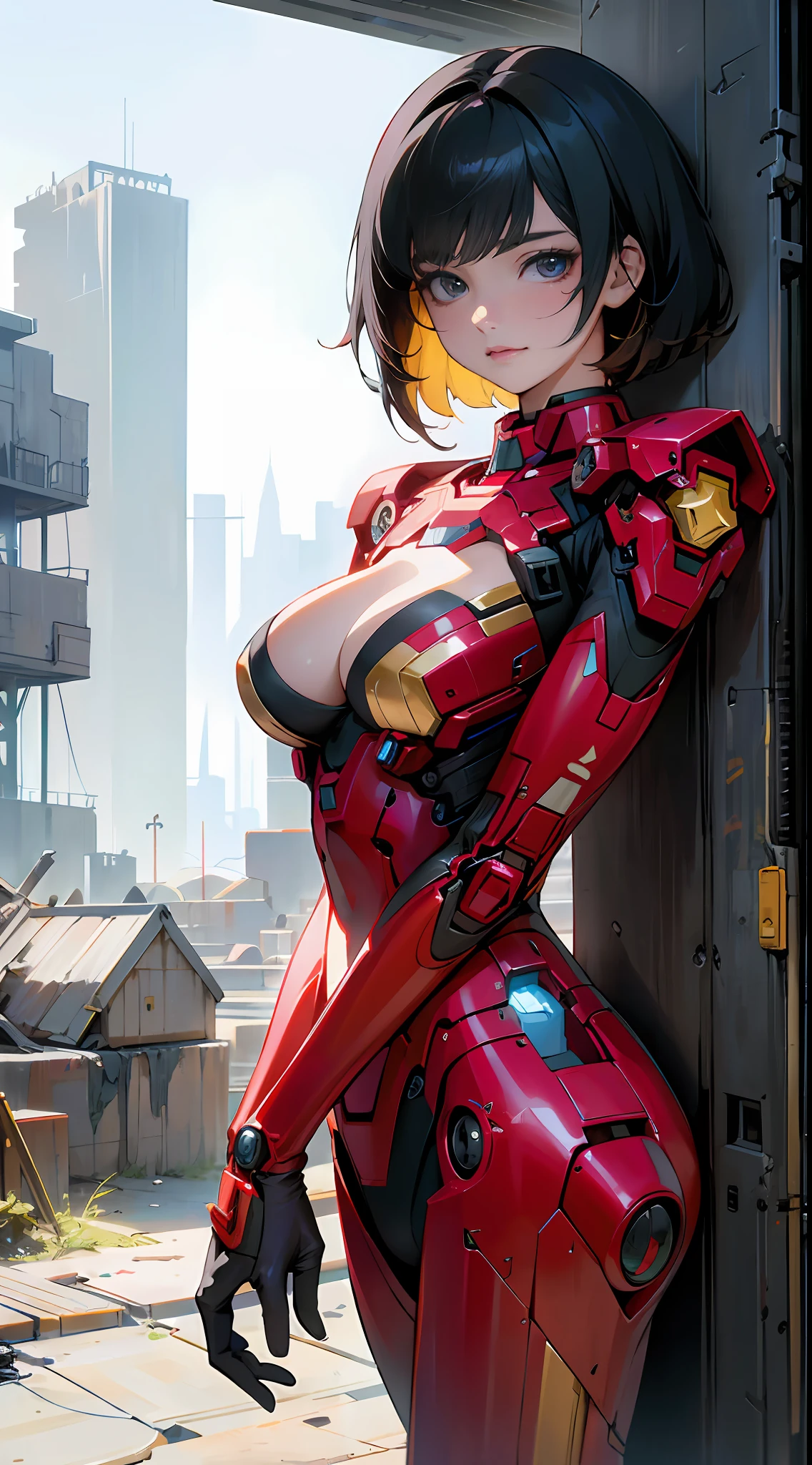 primitive,tmasterpiece,ultra fine photos,with short black hair,cleavage,looks into camera,ssmile,Be red in the face,sportrait,Bust photo,best qualtiy,超高分辨率,Photoreality,rays of sunshine,full-body portraits,stunningly beautiful,,dynamicposes,delicated face,Vibrant eyes,(seen from the side),She wears a futuristic Iron Man mech,Red and gold color scheme,Very detailed abandoned warehouse background,detailed face with,Detailed and complex busy background,Untidy,opulent,milkyW,Highly detailed skin,Realistic details of skin,Visible Pore,tack sharp focus,volume fog,8K UHD,digital SLR camera,high qulity,filmgrain,White skin of the,photo-realism,DL,Huge metropolis in a dystopia of the future , look from down, semi transparent