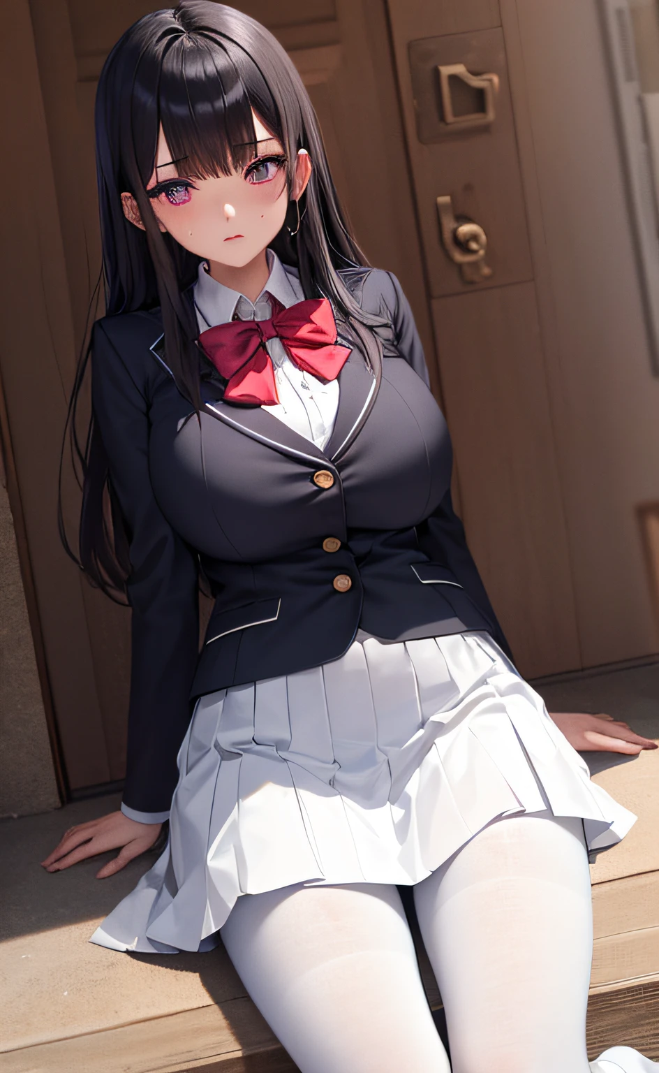 (masterpiece, best quality, Hyper detailed, High detail:1.2),1girl, bangs,  black_hair, blush, button_gap,  huge_breasts, long_hair, looking_at_viewer, mole, purple_eyes, school_uniform, shirt, skirt, solo, sweat, (white_pantyhose:1.25),full body,(ulzzang-6500:0.9)