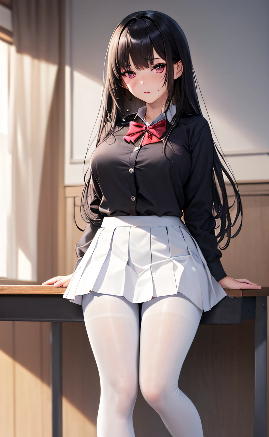 (masterpiece, best quality, Hyper detailed, High detail:1.2),1girl, bangs,  black_hair, blush, button_gap,  huge_breasts, long_hair, looking_at_viewer, mole, purple_eyes, school_uniform, shirt, skirt, solo, sweat, (white_pantyhose:1.25),full body,(ulzzang-6500:0.9)