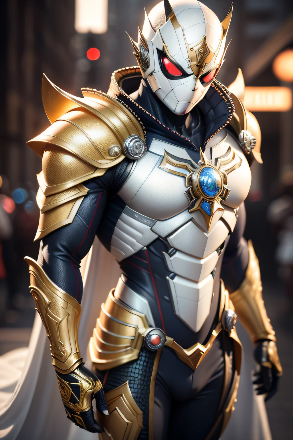Close-up of a statue of a man dressed in gold and white,Super detailed rendering,3 D rendering character art 8 K,Intricate white and gold armor,Complete samurai armor Spider-Man,high detail iconic character,8K rendering",octane render”,Octane rendering",Super detail octane rendering",Super detailed octane rendering,Ultra-detailed 3D rendering, Futuristic style Kamen Rider