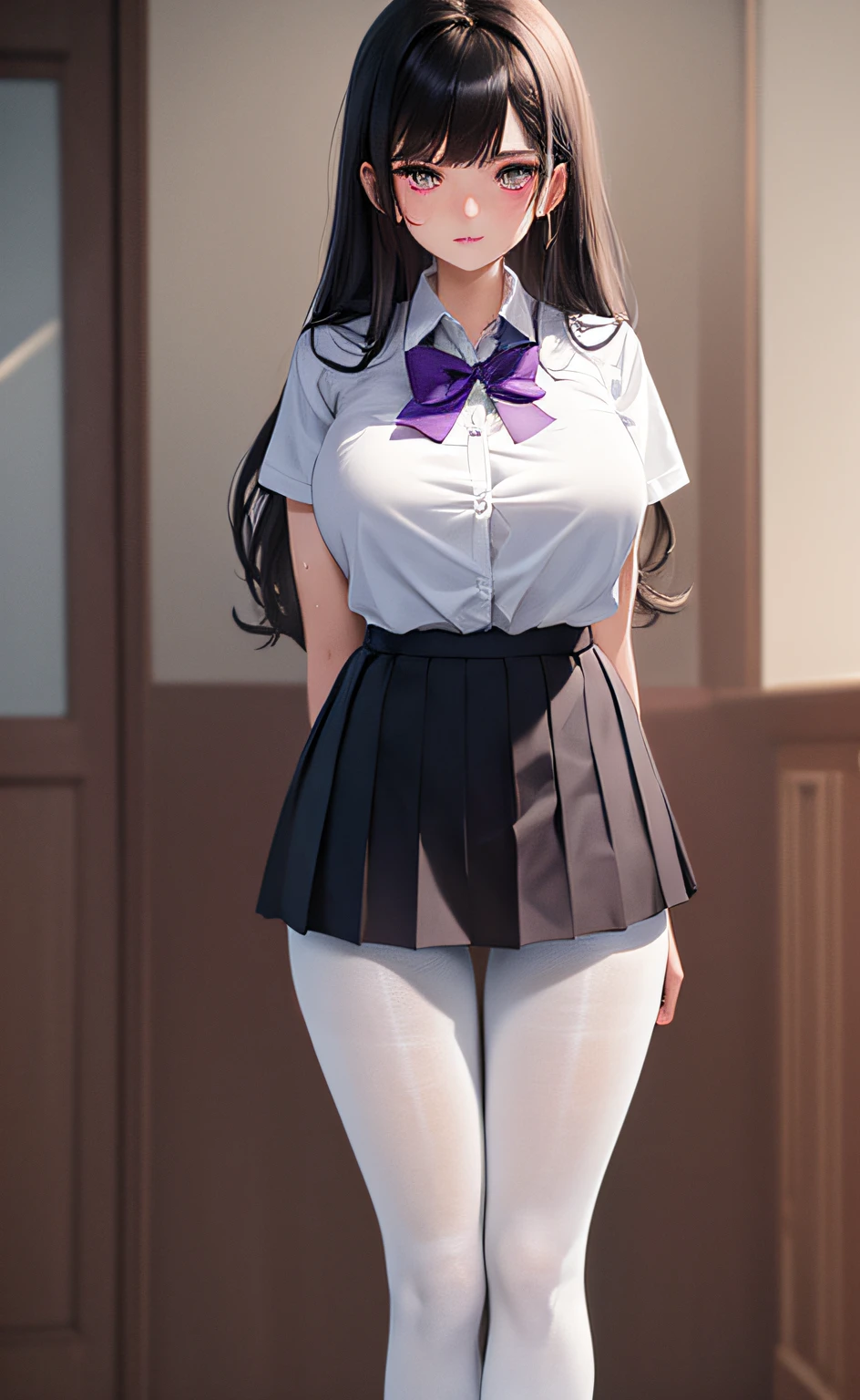 (masterpiece, best quality, Hyper detailed, High detail:1.2),1girl, bangs,  black_hair, blush, button_gap,  huge_breasts, long_hair, looking_at_viewer, mole, purple_eyes, school_uniform, shirt, skirt, solo, sweat, (white_pantyhose:1.25),full body,(ulzzang-6500:0.9)