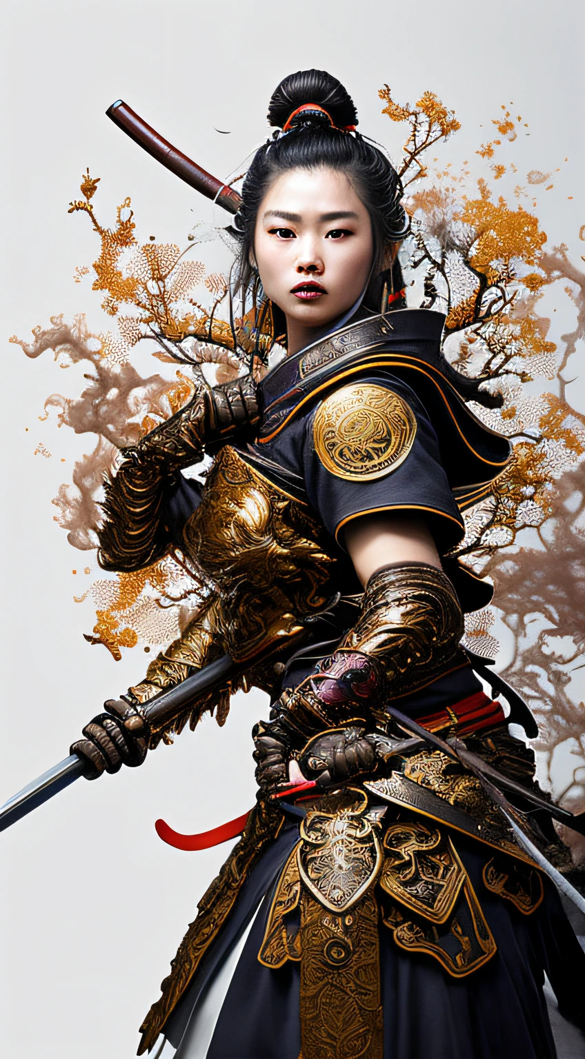 estampa para camiseta com uma samurai feminina manuseando uma katana ao fundo o templo dourado de kyoto, light cannons and smoke effect,arte oficial, papel de parede 8k da unidade, ultra detalhado, handsome and aesthetic, obra-prima, melhor qualidade, (arte fractal: 1.3), extremamente detalhado, dinamic angle, um design brutalista, cores vivas, por james jean, roby dwi antono, ross tran, francis bacon, michal mraz, adrian ghenie, petra cortright, gerhard richter, takato yamamoto, ashley wood, atmospheric.