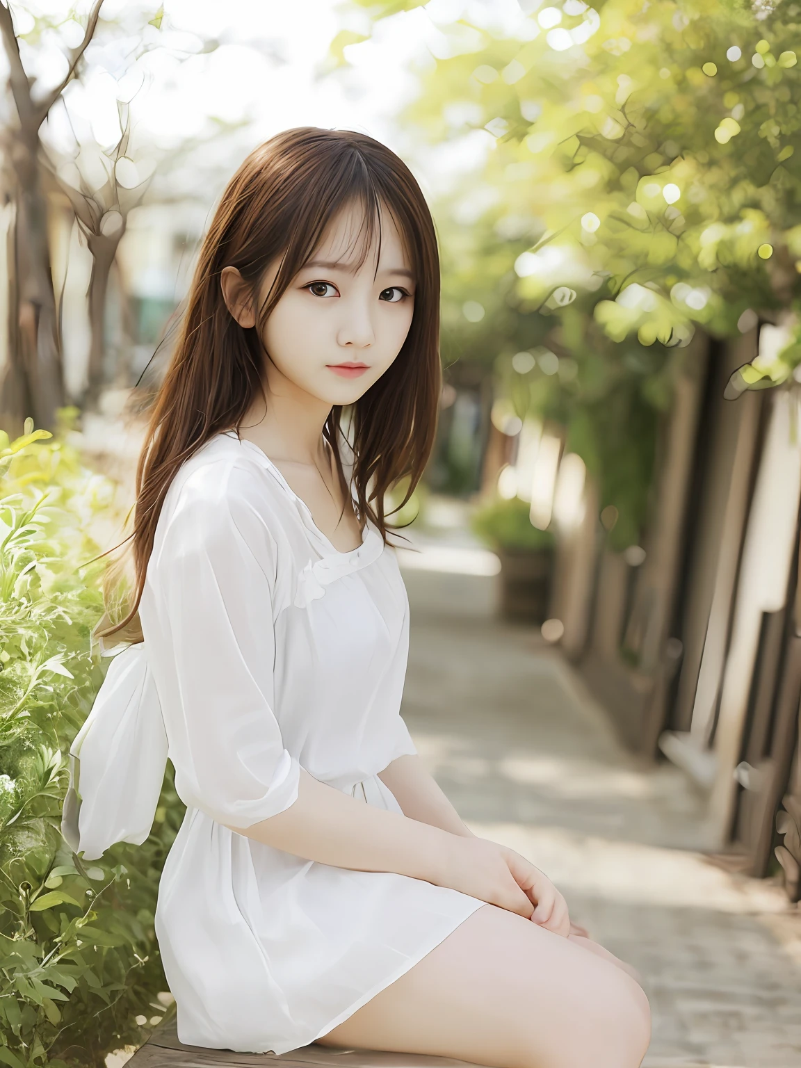 Realistic pictures of cute girls、White blouses、a miniskirt、Panchira、Bokeh