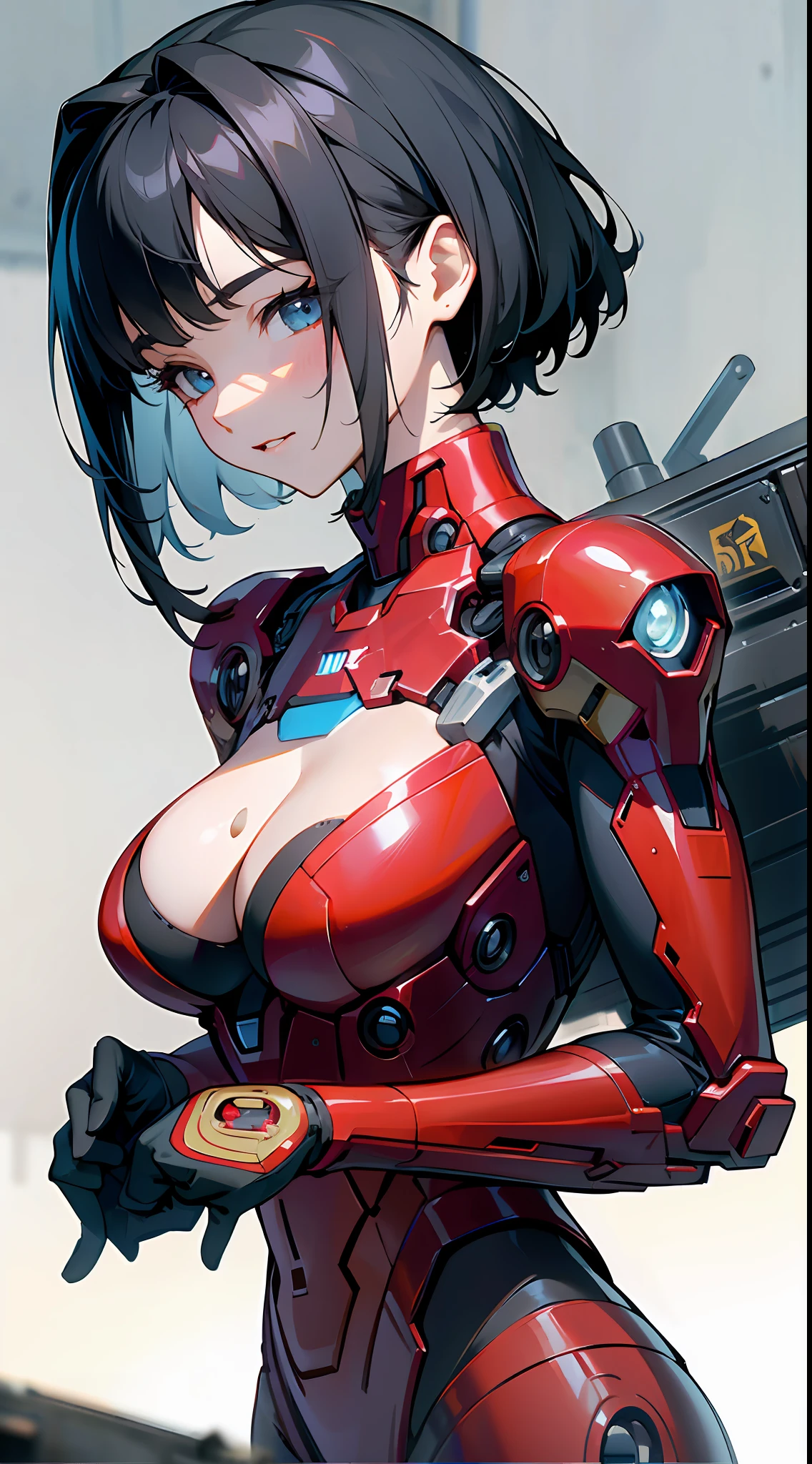 primitive,tmasterpiece,ultra fine photos,with short black hair,cleavage,looks into camera,ssmile,Be red in the face,sportrait,Bust photo,best qualtiy,超高分辨率,Photoreality,rays of sunshine,full-body portraits,stunningly beautiful,,dynamicposes,delicated face,Vibrant eyes,(seen from the side),She wears a futuristic Iron Man mech,Red and gold color scheme,Very detailed abandoned warehouse background,detailed face with,Detailed and complex busy background,Untidy,opulent,milkyW,Highly detailed skin,Realistic details of skin,Visible Pore,tack sharp focus,volume fog,8K UHD,digital SLR camera,high qulity,filmgrain,White skin of the,photo-realism,DL,Huge metropolis in a dystopia of the future , look from down, semi transparent