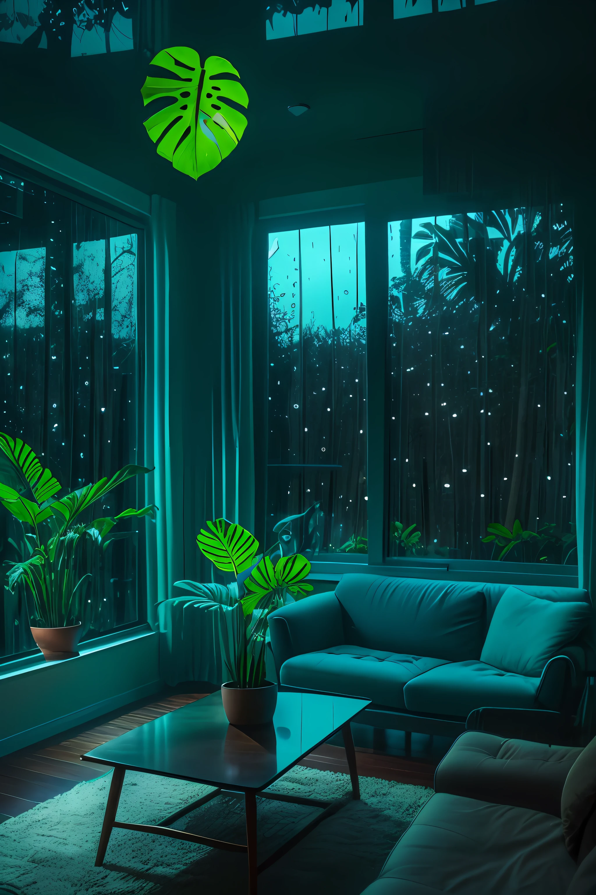 dimly lit mid-century modern living room with dark and rainy night outside, (rainy and foggy night: 1.2), Pacific Northwest, (dim lighting: 1.4), (dim lighting: 1.2), plants, large plants, rainy, monstera, many plants, (foggy windows:1.2), masterpiece, better quality, twilight hour, (night:1.4), Rainy afternoon, after sunset,