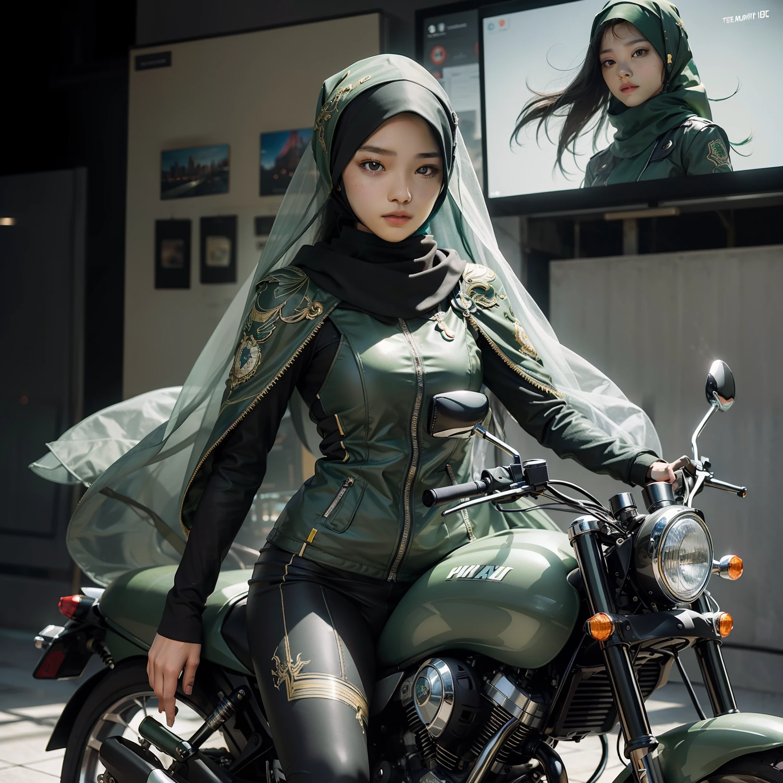 Highest image quality, outstanding details, ultra-high resolution, (realism: 1.4), the best illustration, favor details, highly condensed 1 malay girl, with a delicate and beautiful face, dressed in a black and green mecha, wearing a hijab, holding a directional controller, riding on a motorcycle, the background is a high-tech lighting scene of the future city.