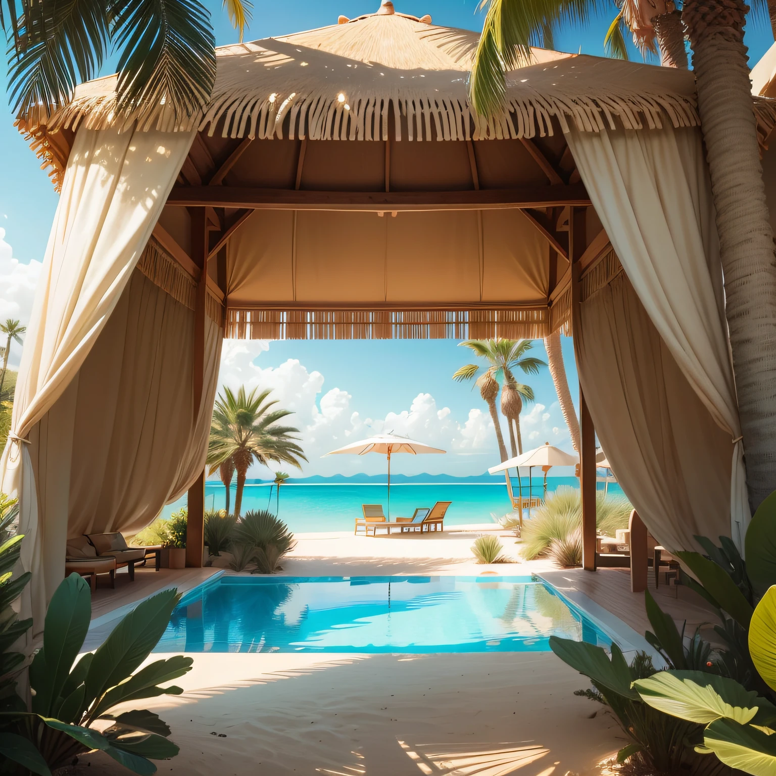 Imagine an oasis in the desert: a secluded pool of turquoise water surrounded by golden sand dunes, framed by lush palm trees and a canopy of stars.