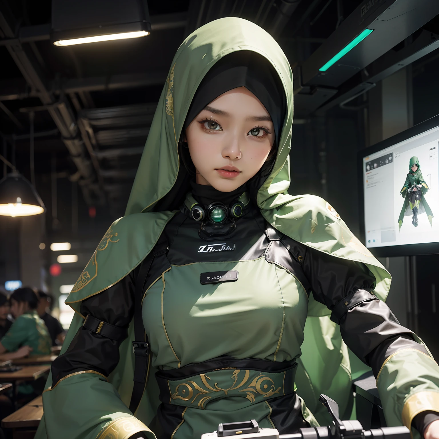 Highest image quality, outstanding details, ultra-high resolution, (realism: 1.4), the best illustration, favor details, highly condensed 1 malay girl, with a delicate and beautiful face, dressed in a black and green mecha, wearing a hijab, holding a directional controller, riding on a motorcycle, the background is a high-tech lighting scene of the future city.