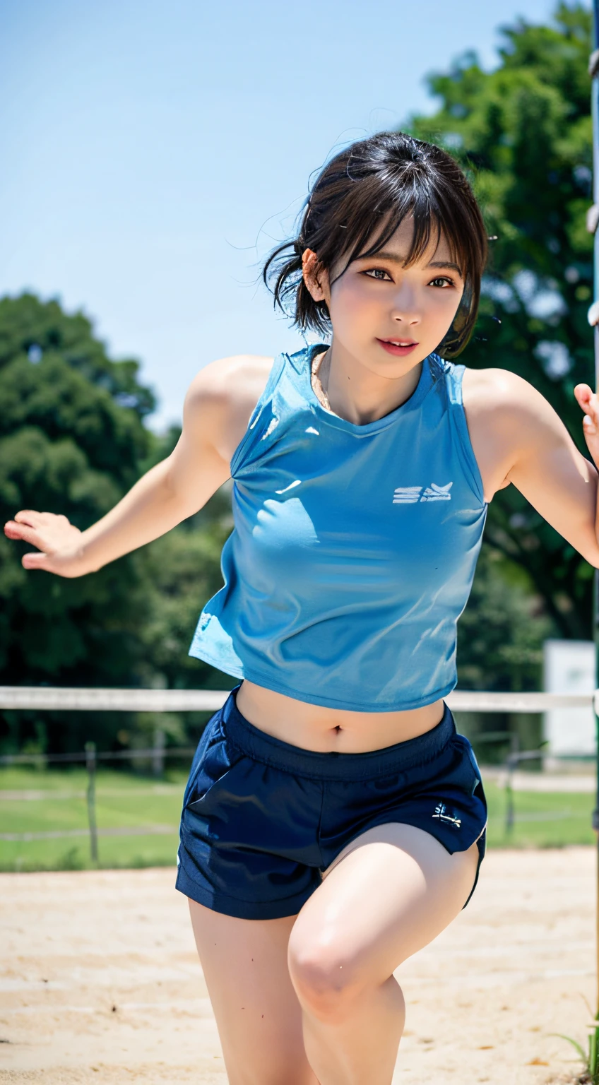 top-quality、女の子 1 a person、large full breasts、tag、with light glowing、blur backgroun、bokeh dof、Volleyball Court)、(a person々、Large crowds:1)、Sweatbody running playing tight sticky white crop top and blue shorts、Underbub、a gorgeous(short-hair、Forehead:1.2)、Sareme、Beautiful sky with details、耳Nipple Ring、 (Shot from the knee up)、Soft lighting、the wind、glowy skin、