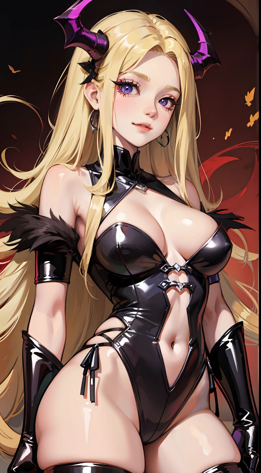 young boy, very long blonde hair, horns demon, violet eyes, Demon slaves, open shoulders, smirk, Masterpiece, hiquality