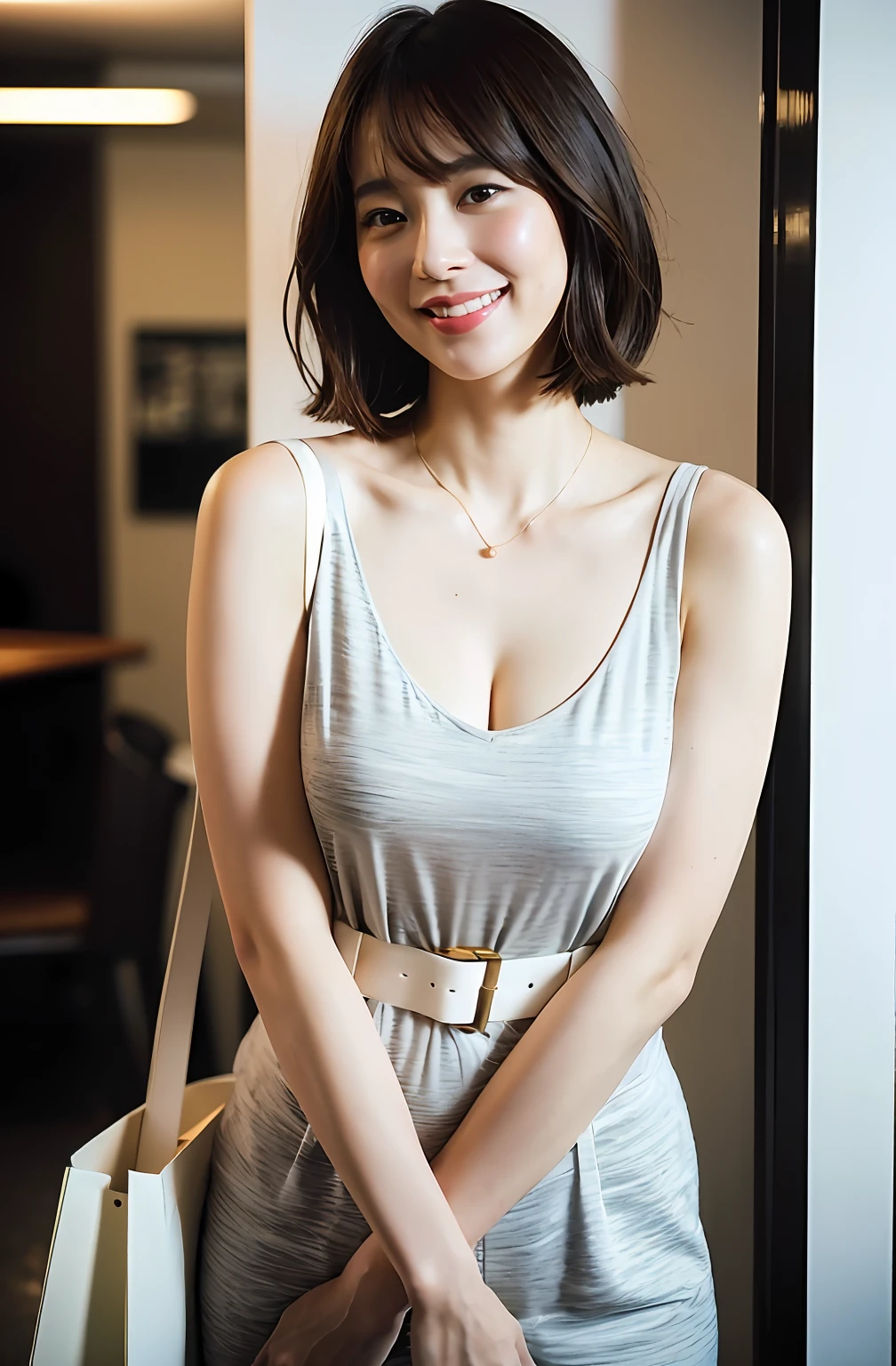 ((8K:1.27)、top-quality、masterpiece、超A high resolution:1.2)Photo Beautiful Japan woman(pleasing:1.1) (The shirt:1.21) Elegance、There is a good、Gradient lighting、1girl in、Delicate skin、Look here、Brown-eyed、(short hair with bangs:1.2)、(breasts are large:1.0)、(medium areola:0.8)、(realisitic:1.4)、(top-quality:1.0)、(超A high resolution:1.0)、8K、to stand、erect through、Raw photography、(masterpiece:0.2)、(pure eros face V1:0.5)、 Contrast Binding Belt Body Condress、white clothes、a necklace、Kamimei、date、excited expressions、Red cheeks、want me、Staring at this、subject、Lean、firm cheeks、Look here、Laugh、Futomo、sandal、Beautiful thighs、Kinda chubby、Beautiful thighs、Angle from the front、Composition looking up from slightly below.、Upright directly in front of the camera、tote bags、facing front、arms in arms、Futuristic office、entranceway、Entrance Hall、lobby、Greeting、business sui、A refreshing smile、Hair up、Gentle smile、
