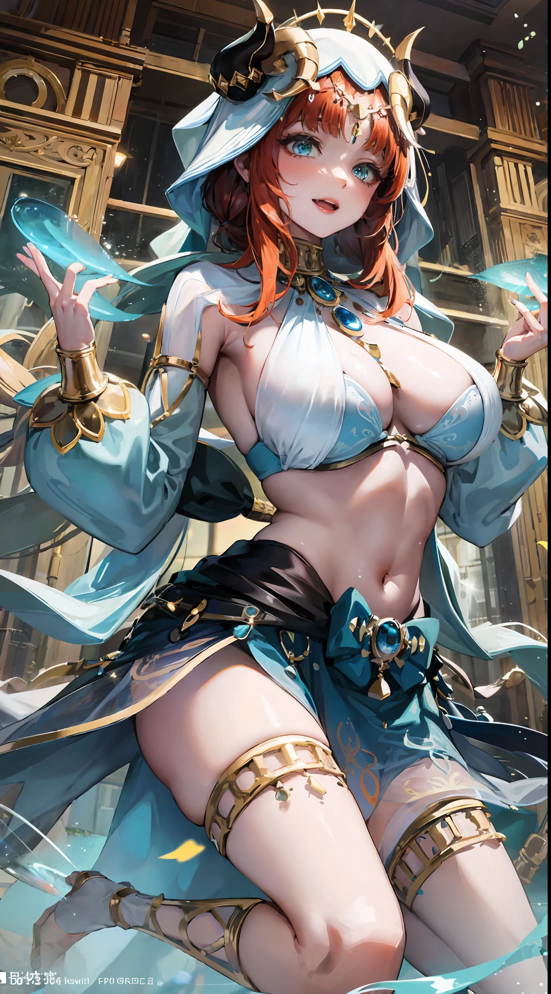 nilou ,White silk shawl，ssee-through，Fleshy thighs，Poster publicity style，Simetall，busty figure，C cup，Happy expression