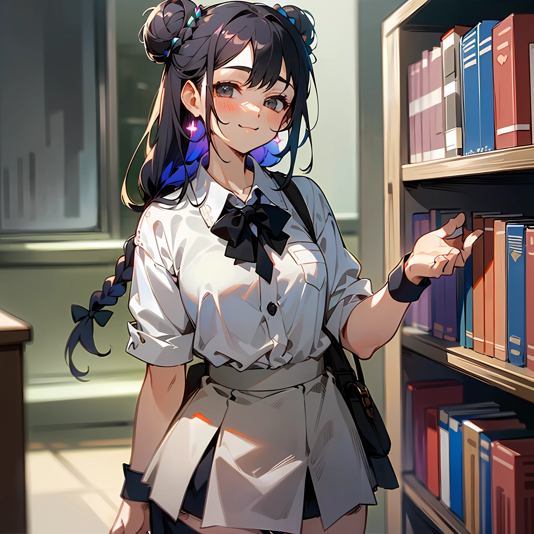 (komi_sch), (high school uniform), (64k, UHD, Raw photo, highes, Best Quality, mastepiece:2.0), (Ultra-fine depiction of details:3.0) a 18 yo woman, (a librarian), (collared white shirt, tie, ribbon), (neat, tidy, skirt:1.9), (black school stockings), (trying to deliver books to the viewer, helping the viewer to find the books), (cowboy shot, full body shot:1.3), (smile, slight blush), (in a public library), (long black hair, single braid bun, double bun), (closed mouth with a faint happy smile), (caring, friendly gaze toward the viewer), (perfect body, perfect figure), (perfect slender body), (perfect, flawless, natural skin texture, hyperrealism, effective front light, sharp), (perfect and effective front lighting:1.4)