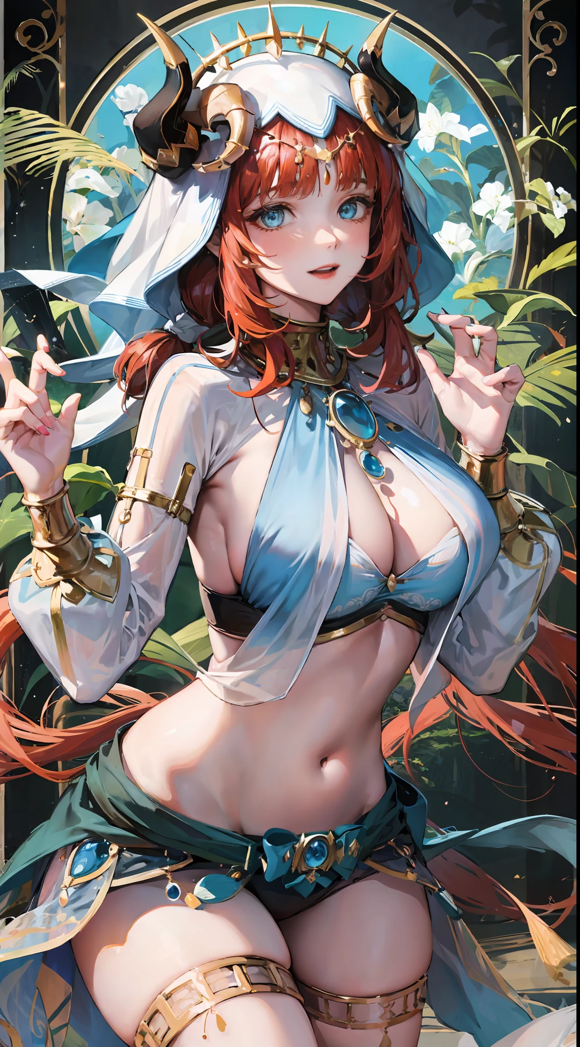 nilou ,White silk shawl，ssee-through，Fleshy thighs，Poster publicity style，Simetall，busty figure，C cup，Happy expression