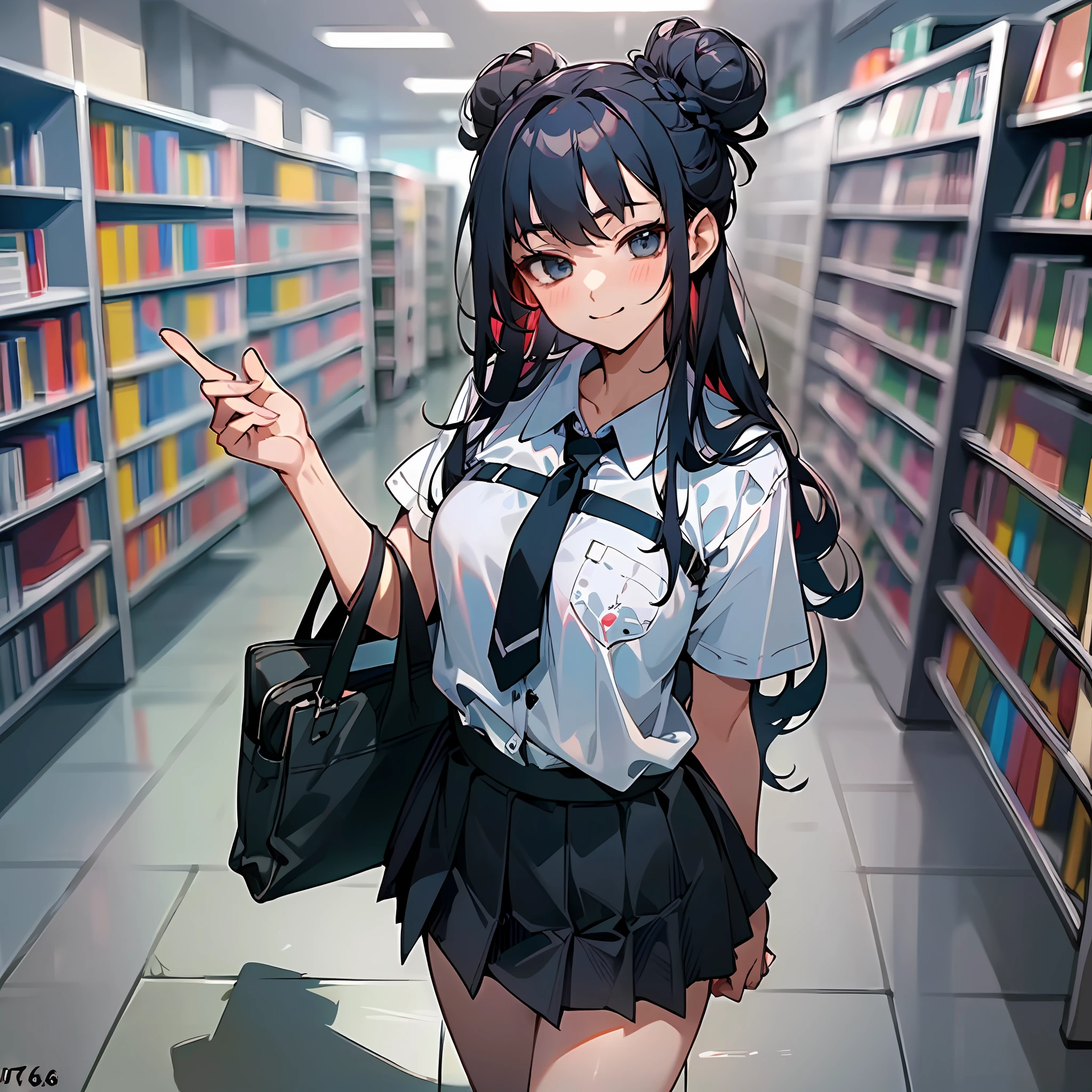 (komi_sch), (high school uniform), (64k, UHD, Raw photo, highes, Best Quality, mastepiece:2.0), (Ultra-fine depiction of details:3.0) a 18 yo woman, (a librarian), (collared white shirt, tie, ribbon), (neat, tidy, skirt:1.9), (black school stockings), (trying to deliver books to the viewer, helping the viewer to find the books), (cowboy shot, full body shot:1.3), (smile, slight blush), (in a public library), (long black hair, single braid bun, double bun), (closed mouth with a faint happy smile), (caring, friendly gaze toward the viewer), (perfect body, perfect figure), (perfect slender body), (perfect, flawless, natural skin texture, hyperrealism, effective front light, sharp), (perfect and effective front lighting:1.4)