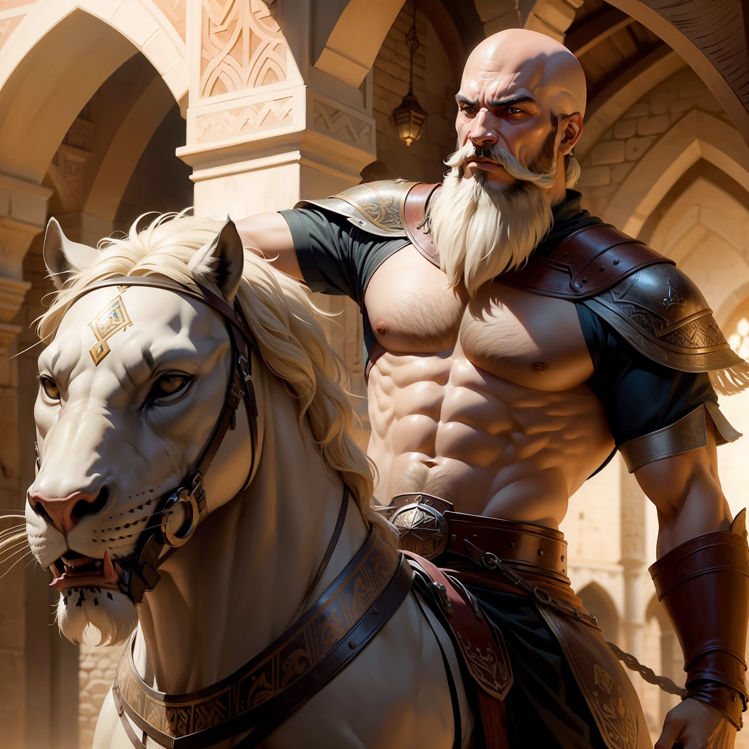 A bald beard medieval moroccan warrior riding great Legendary roaring lion