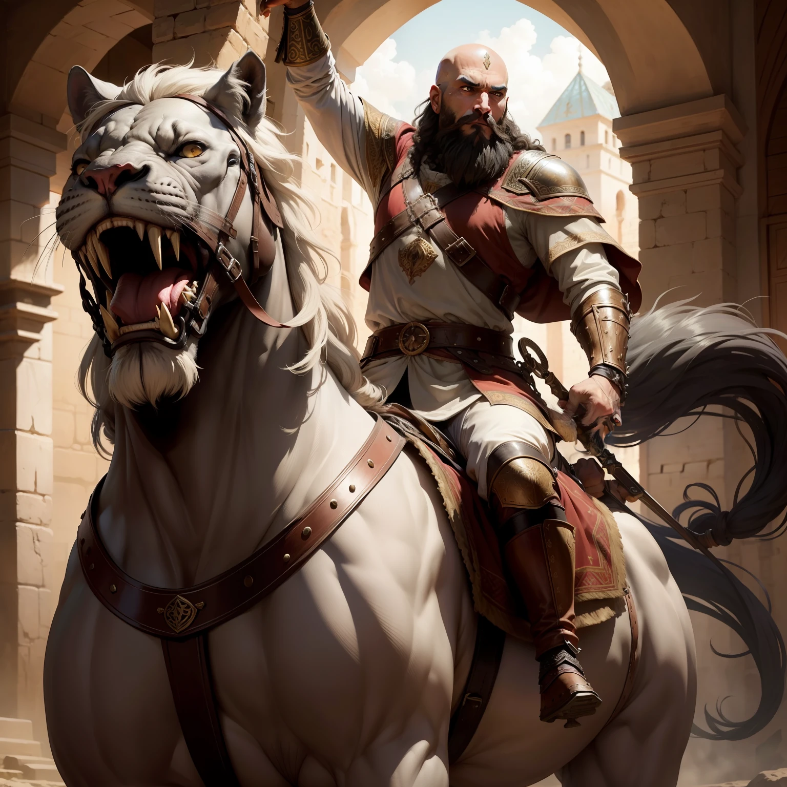 A bald beard medieval moroccan warrior riding great Legendary roaring lion