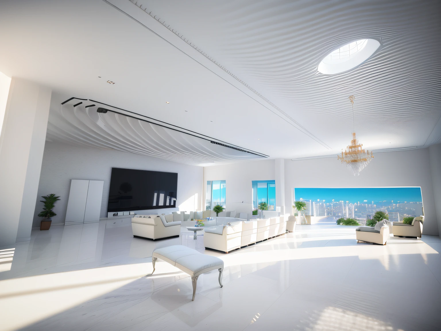 There is a large spacious hall with white marble floors and glass ceilings,There are plenty of sofas and tables inside, interior architecture view, building rendering, high ceiling, archviz, high ceiling, professional render, Realistic physical rendering, high quality rendering, CG rendering, very tall ceilings, all white render, highly photographic render, excellent 3d render, realistic cgi render, lumion render, high quality rendering