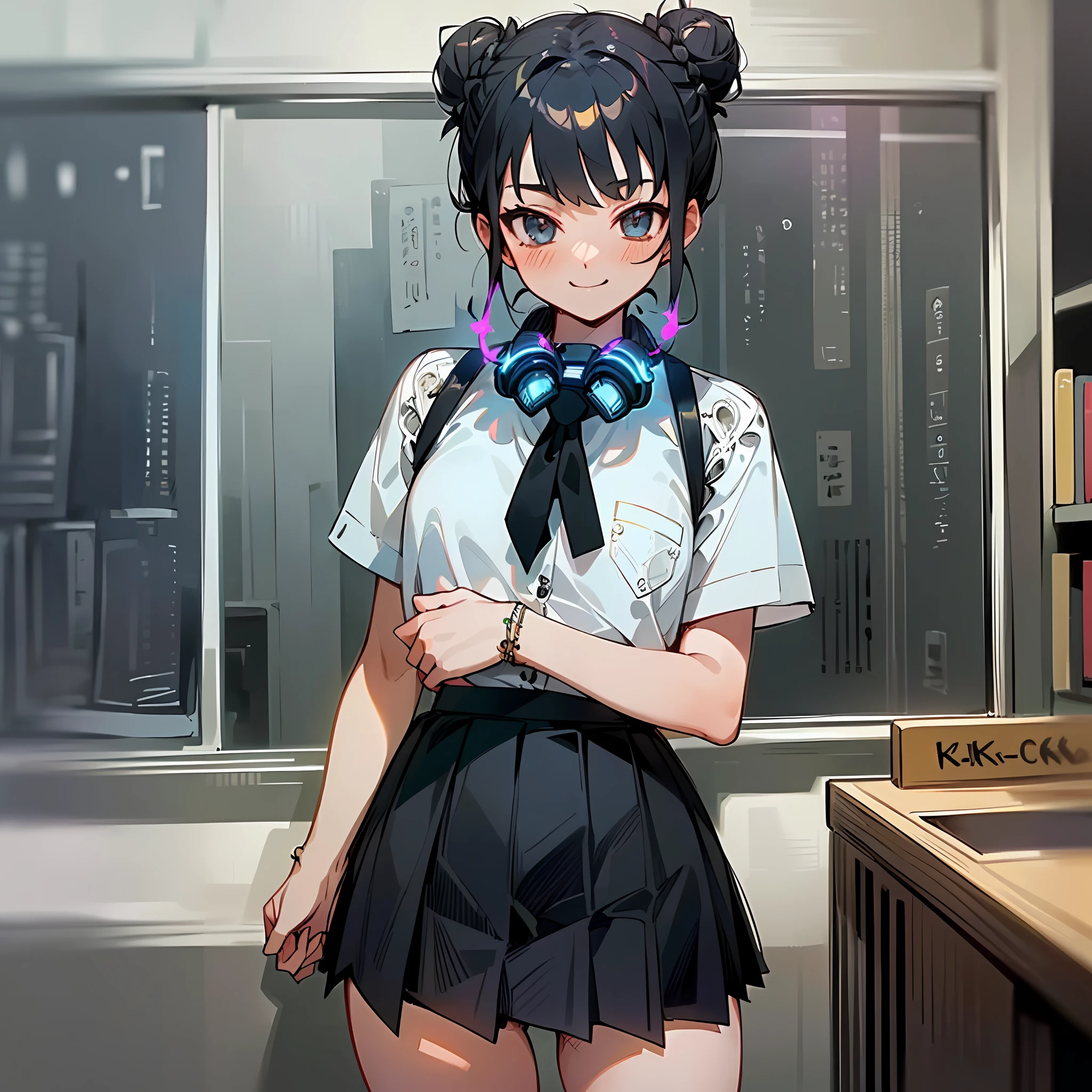 (komi_sch), (high school uniform), (64k, UHD, Raw photo, highes, Best Quality, mastepiece:2.0), (Ultra-fine depiction of details:3.0) a 18 yo woman, (a librarian), (collared white shirt, tie, ribbon), (neat, tidy, skirt:1.9), (black school stockings), (trying to deliver books to the viewer, helping the viewer to find the books), (cowboy shot, full body shot:1.3), (smile, slight blush), (in a public library), (long black hair, single braid bun, double bun), (closed mouth with a faint happy smile), (caring, friendly gaze toward the viewer), (perfect body, perfect figure), (perfect slender body), (perfect, flawless, natural skin texture, hyperrealism, effective front light, sharp), (perfect and effective front lighting:1.4)