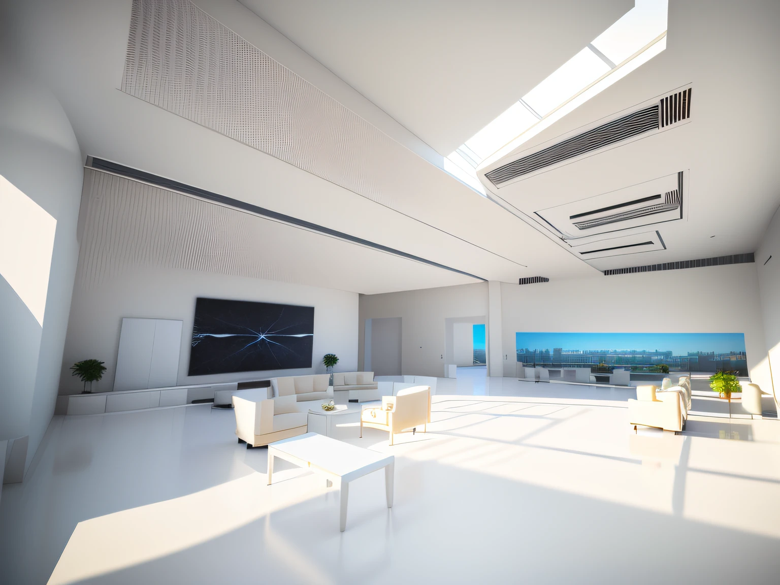 There is a large spacious hall with white marble floors and glass ceilings,There are plenty of sofas and tables inside, interior architecture view, building rendering, high ceiling, archviz, high ceiling, professional render, Realistic physical rendering, high quality rendering, CG rendering, very tall ceilings, all white render, highly photographic render, excellent 3d render, realistic cgi render, lumion render, high quality rendering