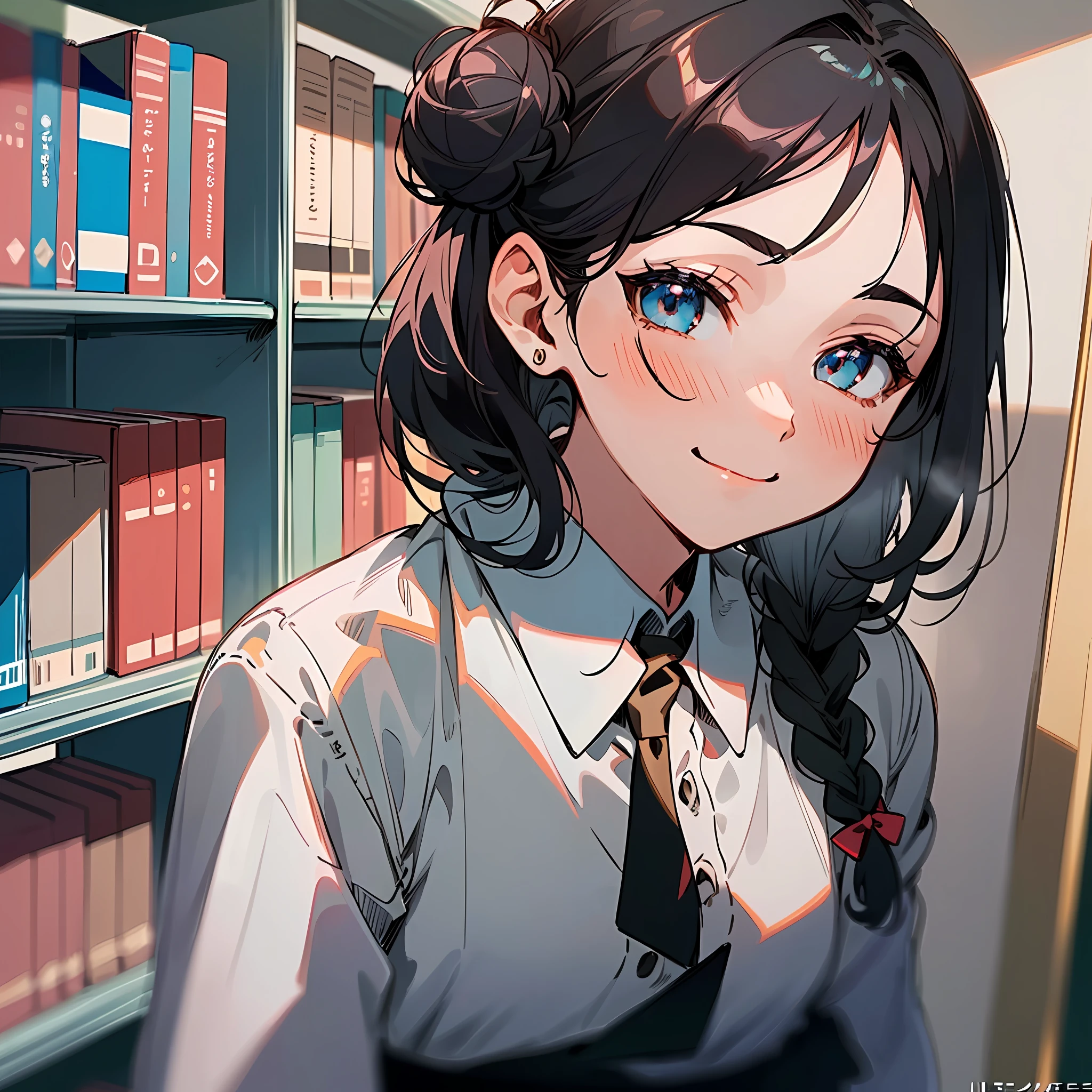 (komi_sch), (high school uniform), (64k, UHD, Raw photo, highes, Best Quality, mastepiece:2.0), (Ultra-fine depiction of details:3.0) a 18 yo woman, (a librarian), (collared white shirt, tie, ribbon), (neat, tidy, skirt:1.9), (black school stockings), (trying to deliver books to the viewer, helping the viewer to find the books), (cowboy shot, full body shot:1.3), (smile, slight blush), (in a public library), (long black hair, single braid bun, double bun), (closed mouth with a faint happy smile), (caring, friendly gaze toward the viewer), (perfect body, perfect figure), (perfect slender body), (perfect, flawless, natural skin texture, hyperrealism, effective front light, sharp), (perfect and effective front lighting:1.4)