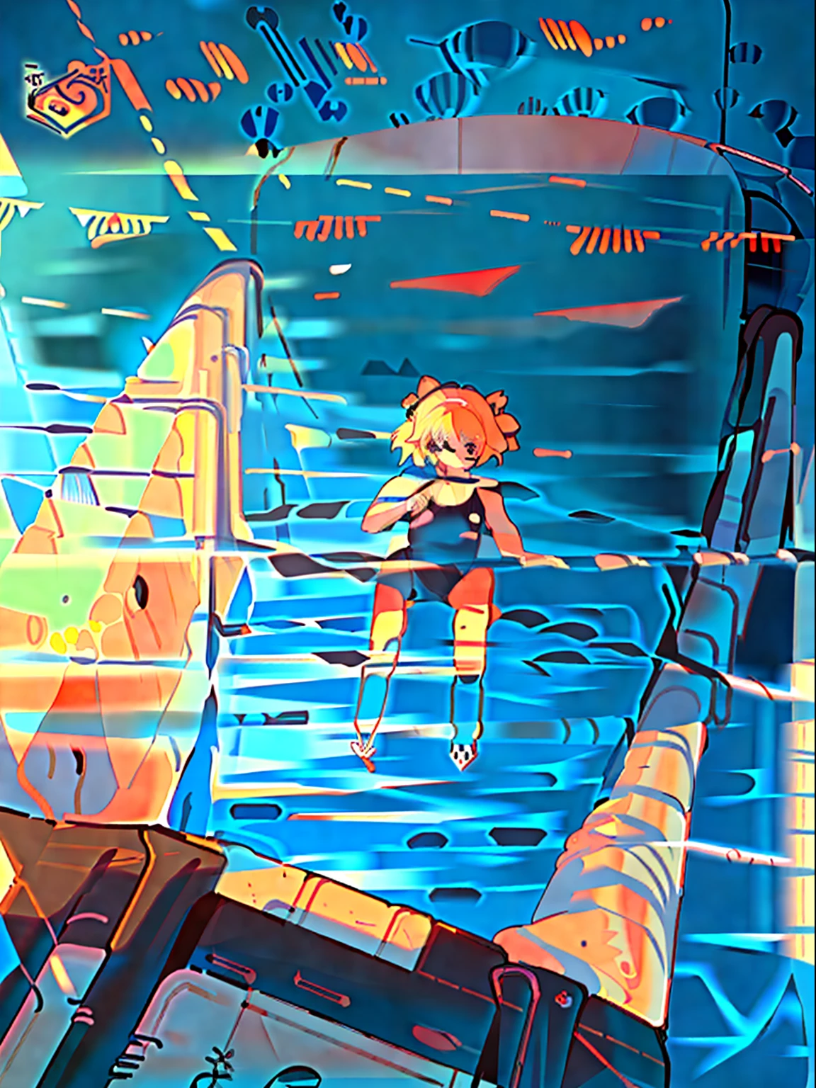 Best quality, 4k, (manga:2), chibi, (illustration:2), fruits, (filled with fruits shaped rubbers in trampoline pool:2), packed, basket, manga, jumping girl, a dwarf girl, (high angle:2)