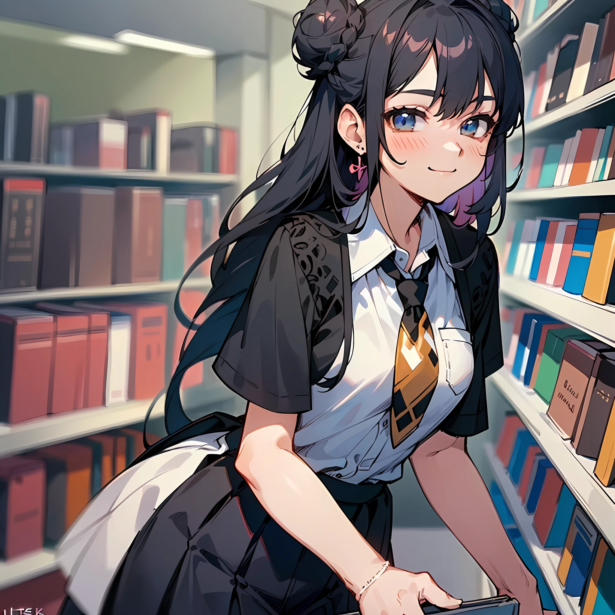 (komi_sch), (high school uniform), (64k, UHD, Raw photo, highes, Best Quality, mastepiece:2.0), (Ultra-fine depiction of details:3.0) a 18 yo woman, (a librarian), (collared white shirt, tie, ribbon), (neat, tidy, skirt:1.9), (black school stockings), (trying to deliver books to the viewer, helping the viewer to find the books), (cowboy shot, full body shot:1.3), (smile, slight blush), (in a public library), (long black hair, single braid bun, double bun), (closed mouth with a faint happy smile), (caring, friendly gaze toward the viewer), (perfect body, perfect figure), (perfect slender body), (perfect, flawless, natural skin texture, hyperrealism, effective front light, sharp), (perfect and effective front lighting:1.4)