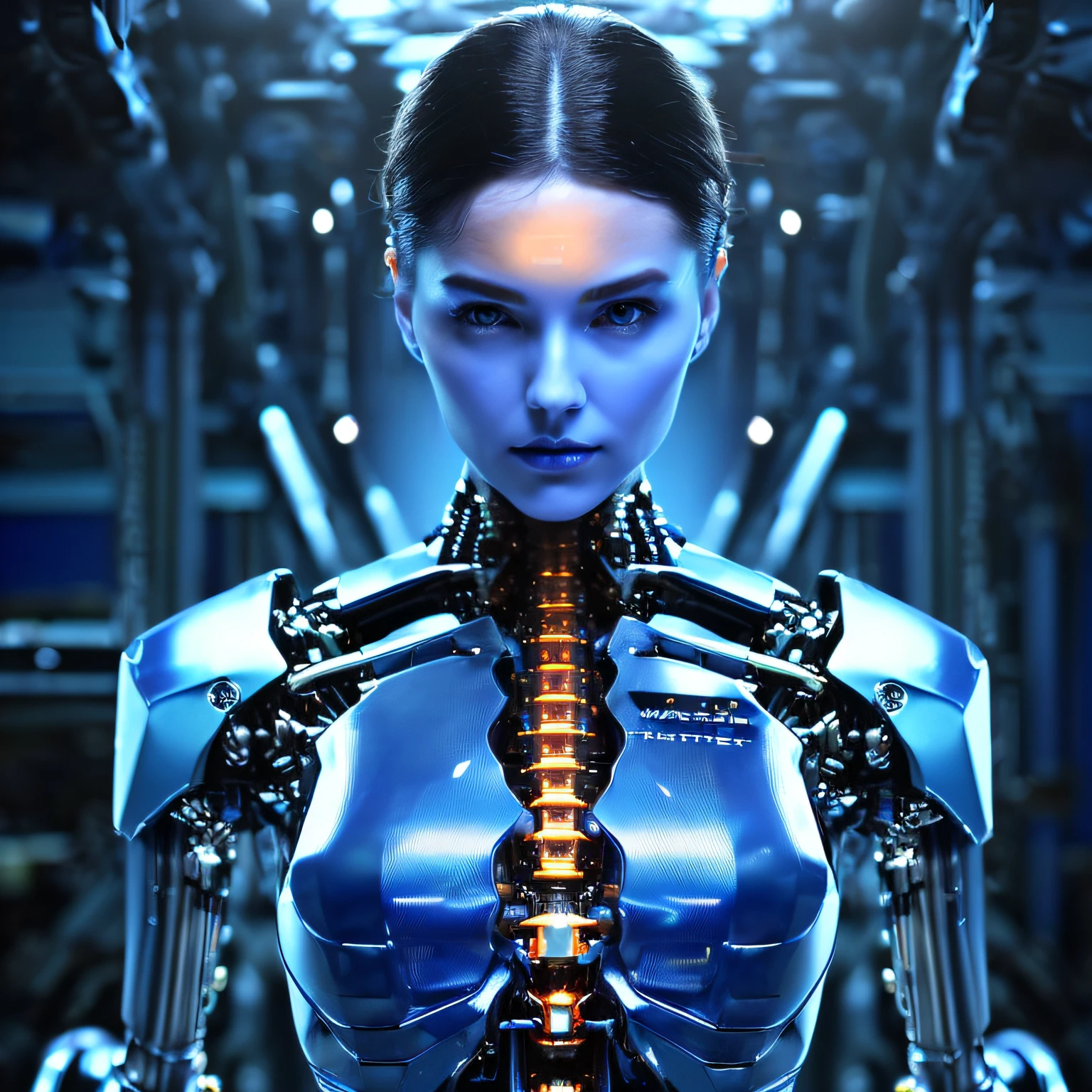 (masterpiece, ultra-high resolution, official art, beautiful and aesthetic:1.4), (android:1.3), extreme detailed,colorful,highest detailed ((ultra-detailed)), (highly detailed real illustration), ((an extremely delicate and beautiful)),(from side),cinematic light,((1mechanical girl in sensual pose)),solo,full body,(machine made joints:1.2),((mechanical limbs)),(blue blood vessels connected to tubes),(mechanical vertebra attaching to back),((mechanical cervial attaching to neck)),(sitting),expressionless,(wires and cables attaching to neck:1.2),(wires and cables on head:1.2)(character focus),science fiction,cyberpunk background,(blue:1.5)