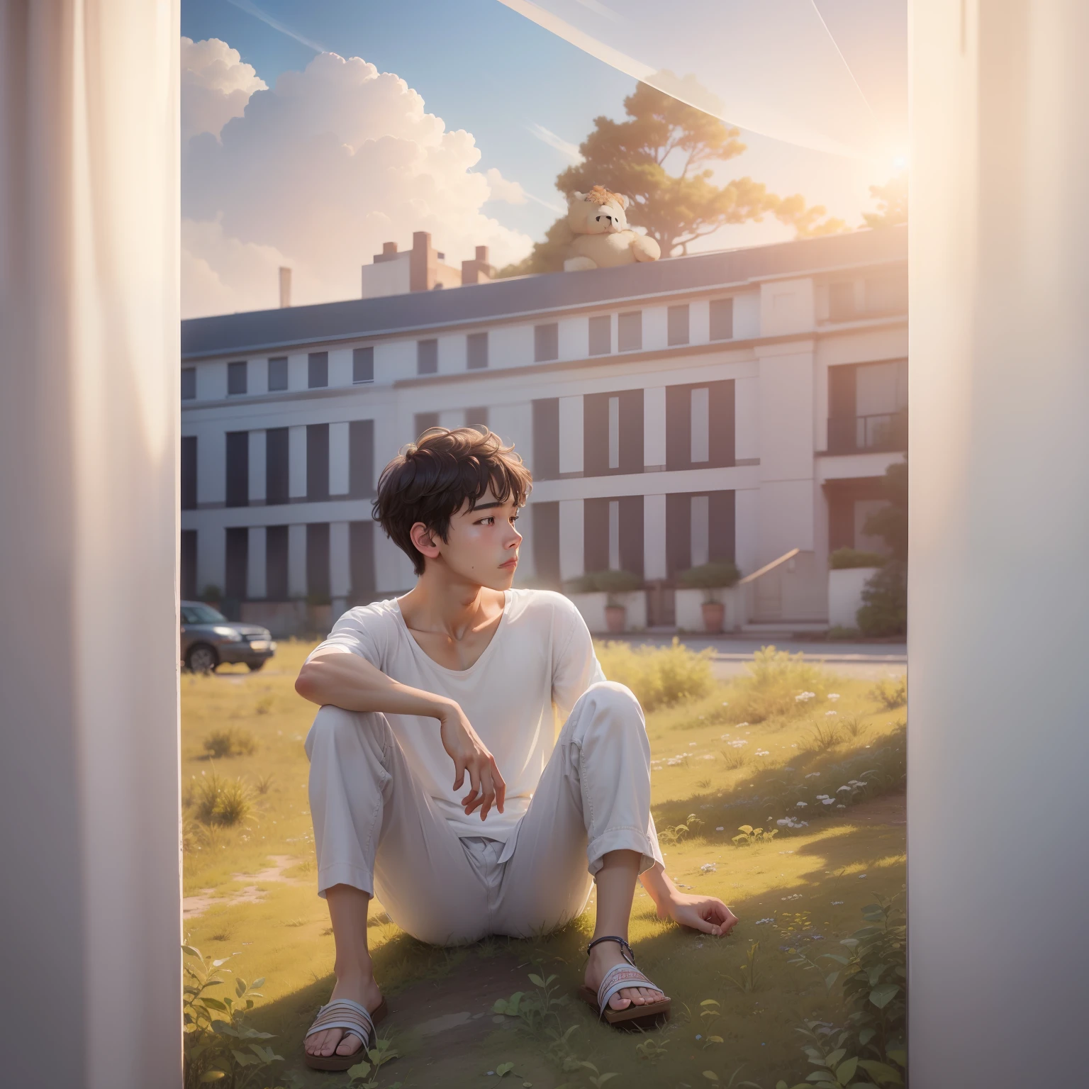 (realistic, photo realistic: 1.4), 1 boy in casual clothes, ((hotel)), leaning against window, (daytime), bear doll, sunshine boy style, (RAW photo, best quality), masterpiece, extremely delicate handsome, amazing, fine details, extremely detailed CG Unity 8k wallpaper, high resolution, soft light, handsome and delicate Chinese boy, soft light, well-proportioned body, detailed eyes, detailed face --auto --s2