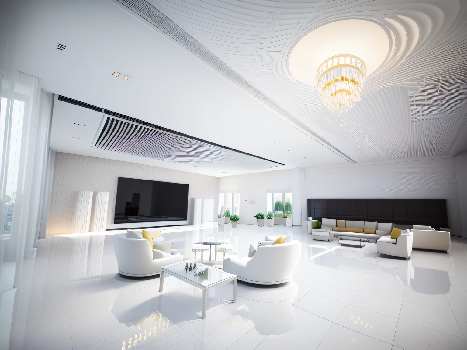 There is a spacious lobby，White marble floors and glass ceilings，There are plenty of sofas and tables inside, interior architecture view, building rendering, Simple ceiling, archviz, high ceiling, professional render, Realistic physical rendering, high quality rendering, CG rendering, very tall ceilings, all white render, highly photographic render, excellent 3d render, realistic cgi render, lumion render, high quality rendering