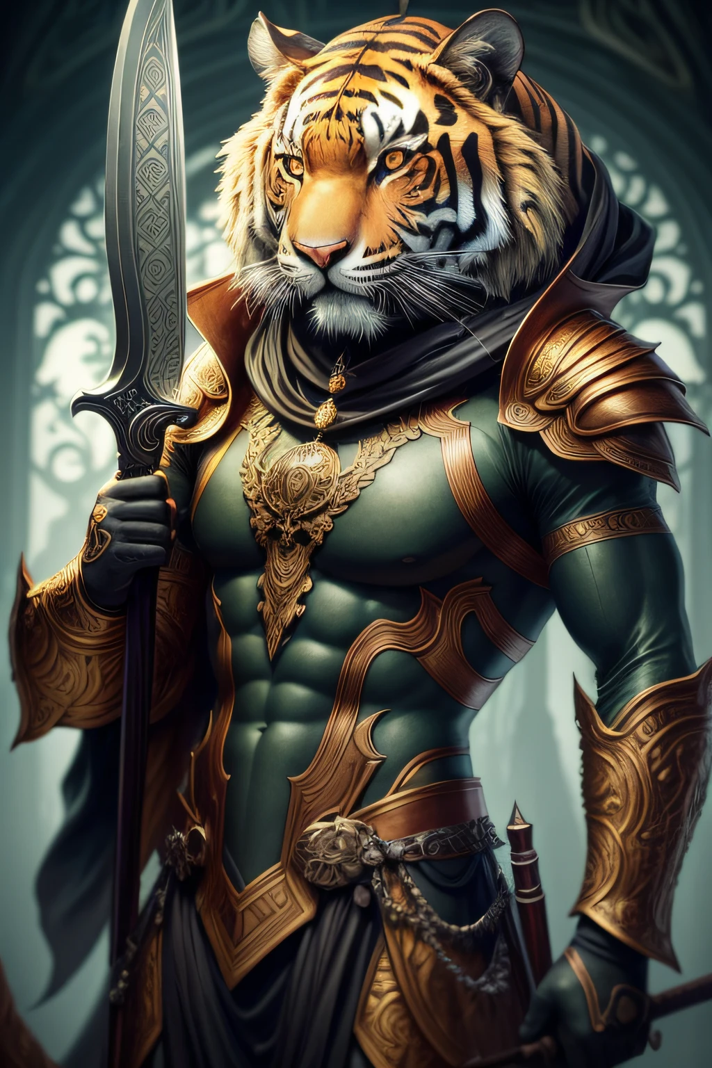 Anthropomorphic tiger holding a long knife，Light，Dark and eerie，Spooky style，From amber to black，Copper and jewelry，Gorgeous and intricate Gothic armor， （Artists Brom and Jasmine Beckett-Griffith and Alphonse Mucha）， ，realisticlying，hyper realisitc，Hyper-detailing，analogue style，Detailed skins，Matte skin，Gentle lighting，Subsurface scattering，realisticlying，heavyshading，tmasterpiece，best qualtiy，hyper realisitc，8K，the golden ratio，复杂，high detal，Film photography，soft focus，
