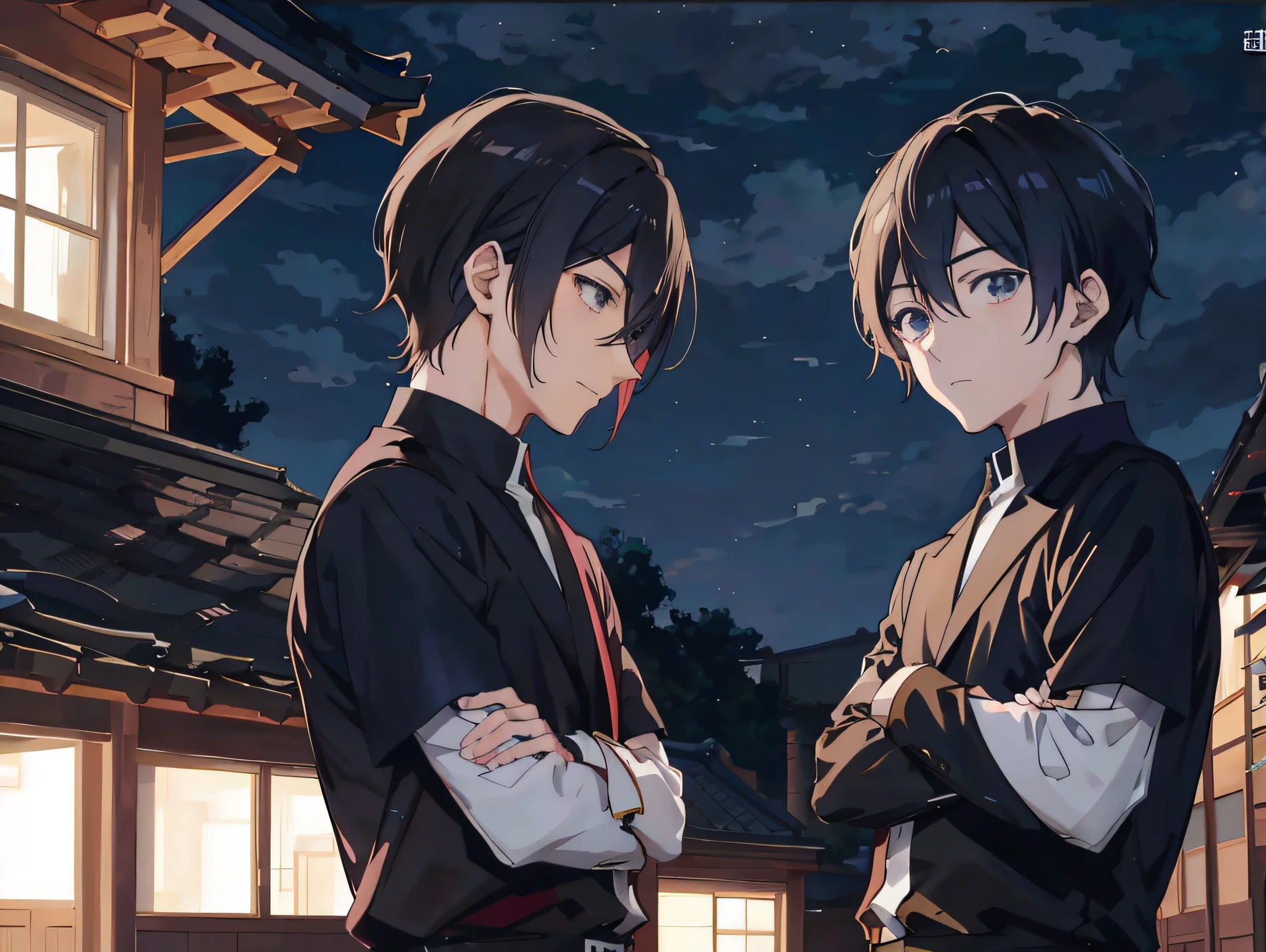 Two anime boys standing in front of the house, two anime handsome men, Handsome anime pose, 4K anime wallpaper, 4k manga wallpapers, style of anime4 K, High Quality Anime Art Style, Anime wallpaper 4 k, Anime wallpaper 4K, In anime style, in an anime style, in style of kyoto animation, anime moe art style