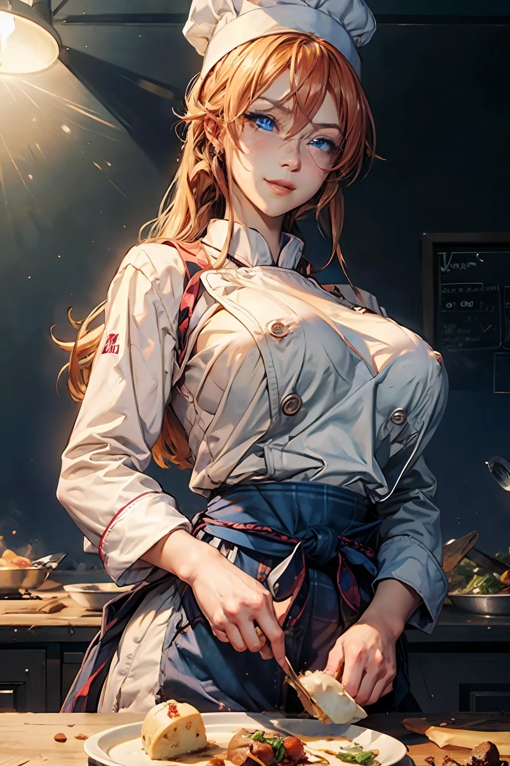 (masterpiece), best quality, expressive eyes, perfect face, high detailed, ultra high res, photon mapping, physically-based rendering, intricate detailed, sharp focus, dramatic, photorealistic, erina,(chef:1.4),school uniform,vest, long sleeves, long hair,ponytail, orange hair, (gigantic breasts:1.3), seductive smile, outdoors, (blue eyes:1.5), earing, blush, heart, scenery