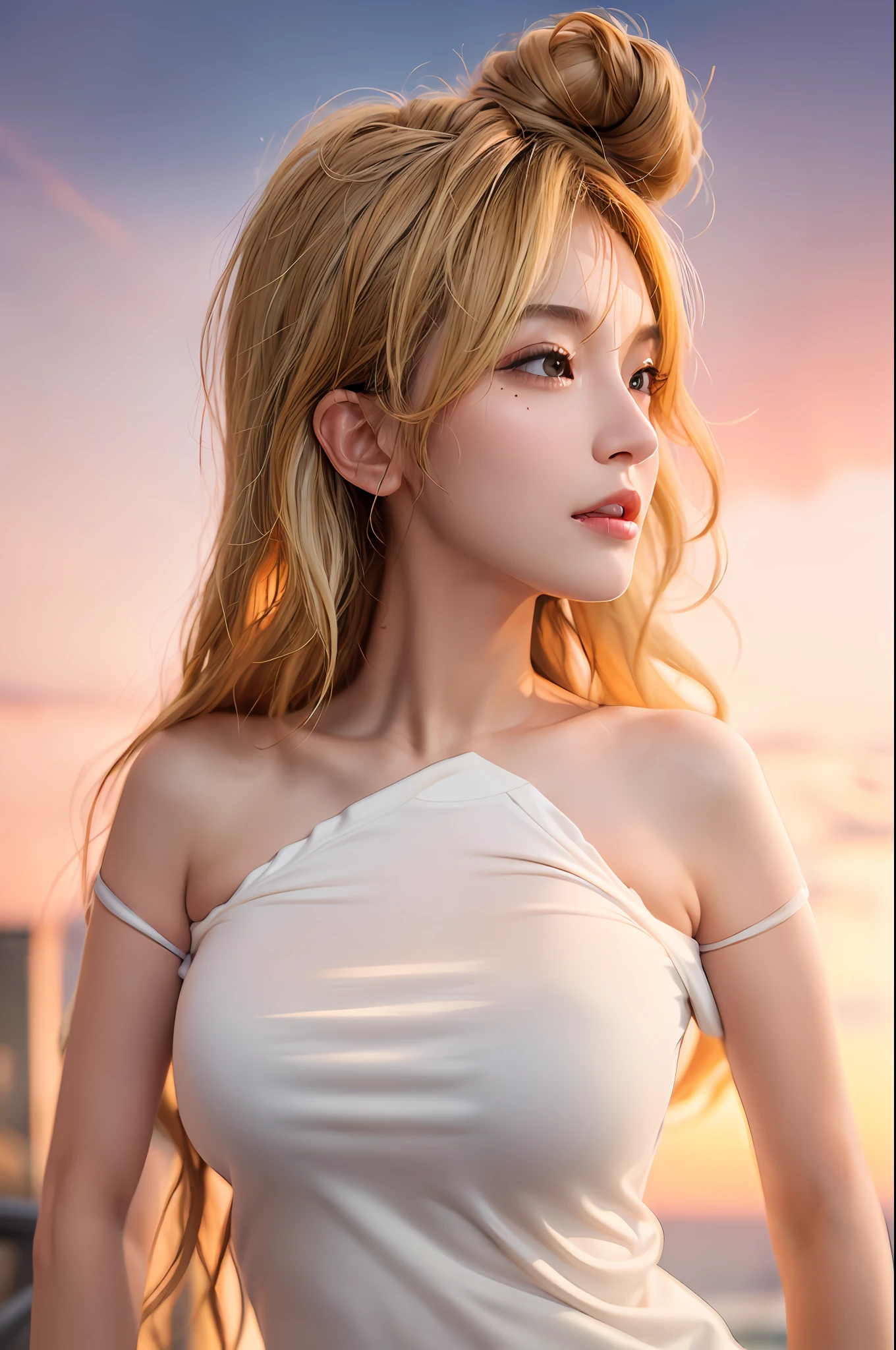 (1girl),large breasts, breasts, tan, dewy skin, sweaty skin, wavy blonde hair, punk tshirt, punk girl
