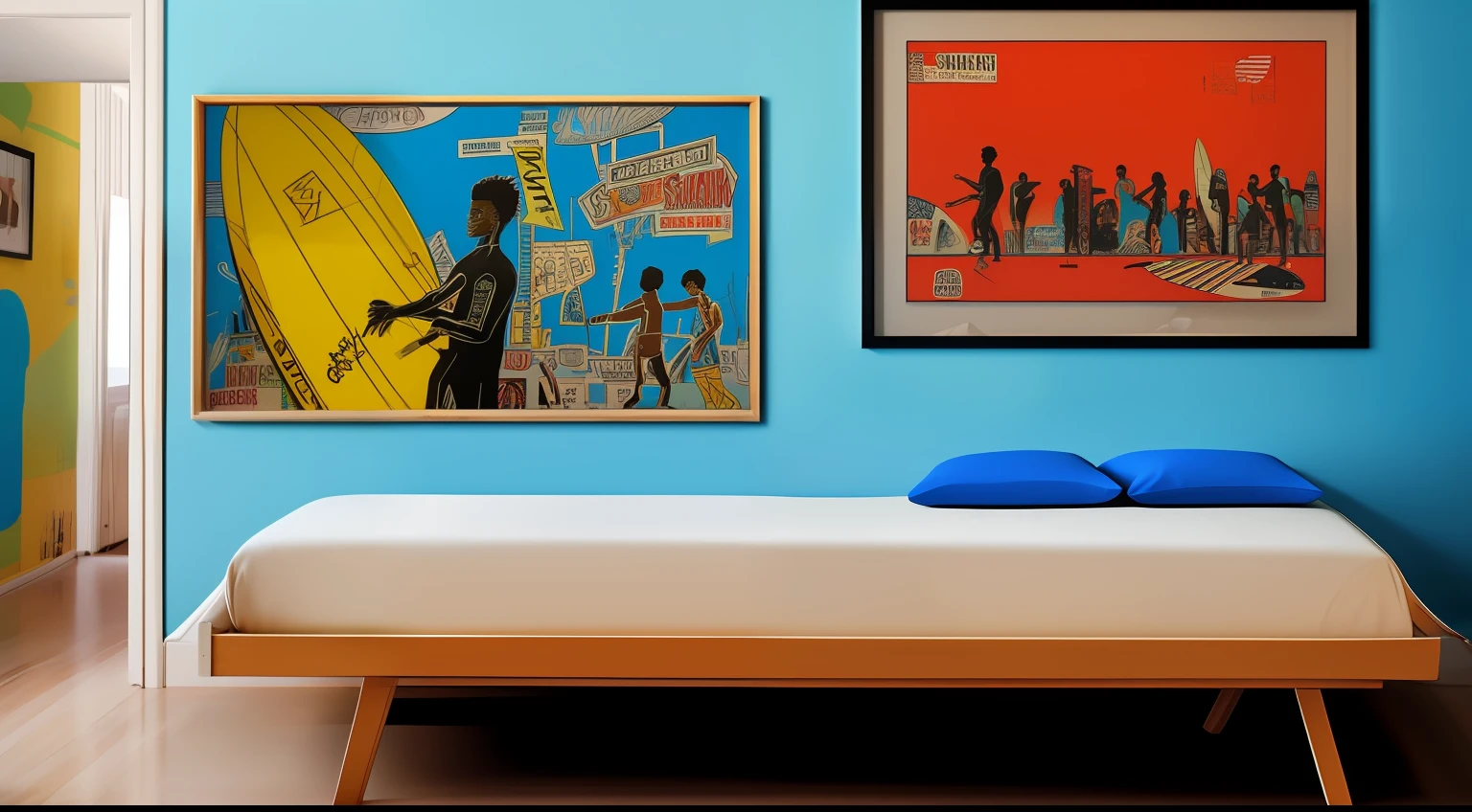 Surfer's Room、surfboard、Room with paintings by Basquiat、Zoom background、like photo、Detailed light
