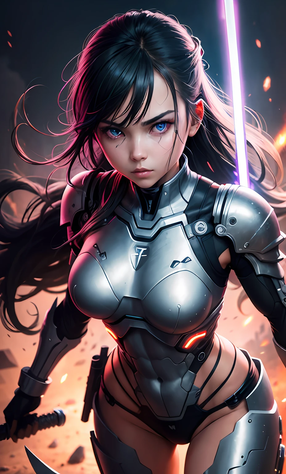 Best quality, raw photo, ultra detailed, 1girl, in the battlefield, cyborg body, big swords, neon eye.