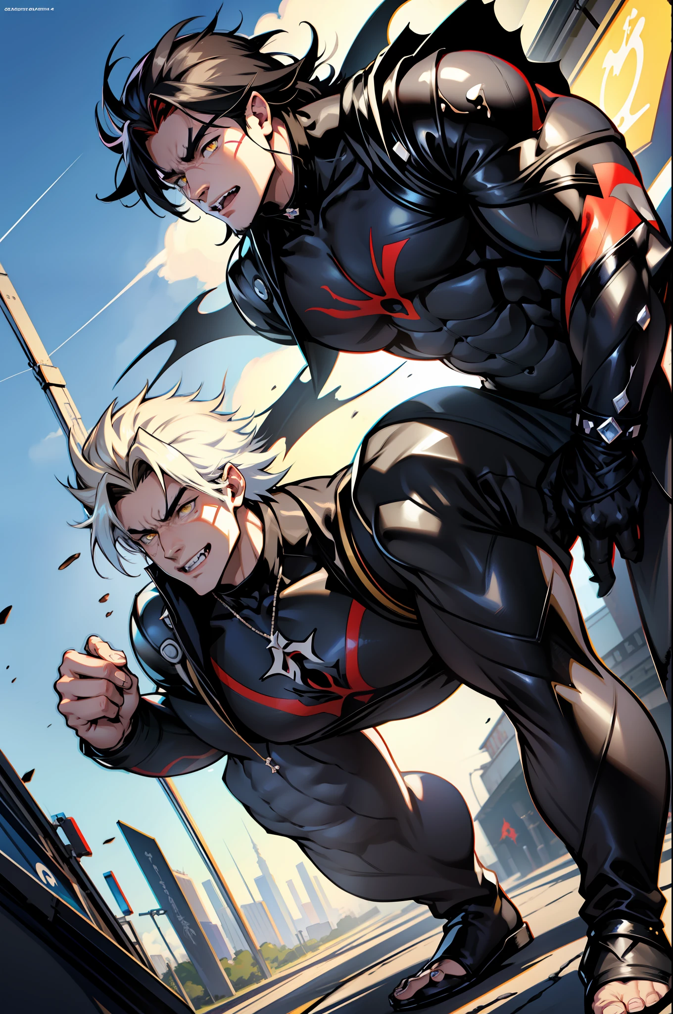 《the original god》Arataki Kazuto , male people, chest muscle, Sexy , Venom symbiote for your body, Black mucus of the body , into venom, venomize,Black bodysuit,(Cloak),Red cape,Abs,(Adult male)((Venom possession,venom symbiote)),over-Tortoise Man,Battle damage,((Masterpiece)), ((Best quality)), Ultra detailed,((illustration)), Dynamic Angle, Detailed light, (Delicate eyes), Floating, 1boy, Male focus, Head, Clothing, Yellow eyes, necklace, tattoo, (Forehead:0.8), (ahoge:0.8), jewelry, brunette color hair,apathy,Ray, chest muscle, Sexy , Venom symbiote for your body, Black mucus of the body , (into venom), Venom,frontage,Bust photo,White tight-fitting top,spiderman outfit,style of anime4 K, 4K anime wallpaper, Badass anime 8 K, 4 k comic wallpaper, young anime man, Anime boys, Anime wallpapers 4 k, Anime wallpaper 4K, High quality anime art style, Anime moe art style, Anime art wallpaper 8 K, Anime art wallpaper 4 K, RGB lighting