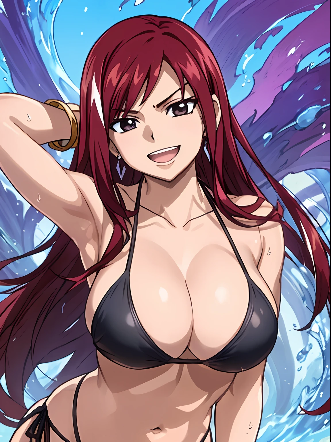 white detailed background, masterpiece, 4k, easy going, epic, best quality, cheerful, late youth, adult, milf, athlete, 1girl, solo, erza scarlet, fairy tail, red hair, brown eyes, long hair, looking at viewer, sidelocks, masterpiece, 4k, epic, best quality, cheerful, late youth, adult, milf, athlete body, 1girl, active, energic, ((wide open mouth, smile, laughing, high eyebrows position, folded legs, smile, open eyes, hands spread sideway, jumping, ((large breasts, black bikini: 1.5 )))) , solo, erza\(fairy tail\), 1girl, (very missy hair, tired, open mouth, feeling hot, tilting head, open eyes, perfect detailed face, detailed round face) bold drawing lines, muscular arms, detailed bold body lines, flat jaw, adult woman, (wavy wide streaked bangs, floating bang, long left bangs ) (big cheeks), bare shoulders, off-shoulders, blue sky, bracelet, springy breasts, breast lines, big round eyes, very big brown shiny eyes,  high eye position, cleavage, denim, earrings, floating hair, wavy hair, shiny hair, bold groin lines, long hair, looking at viewer, long navel, wet hair, red hair, stomach, big forehead, toned body, wide hair, wind effect, older, cowboy shot,